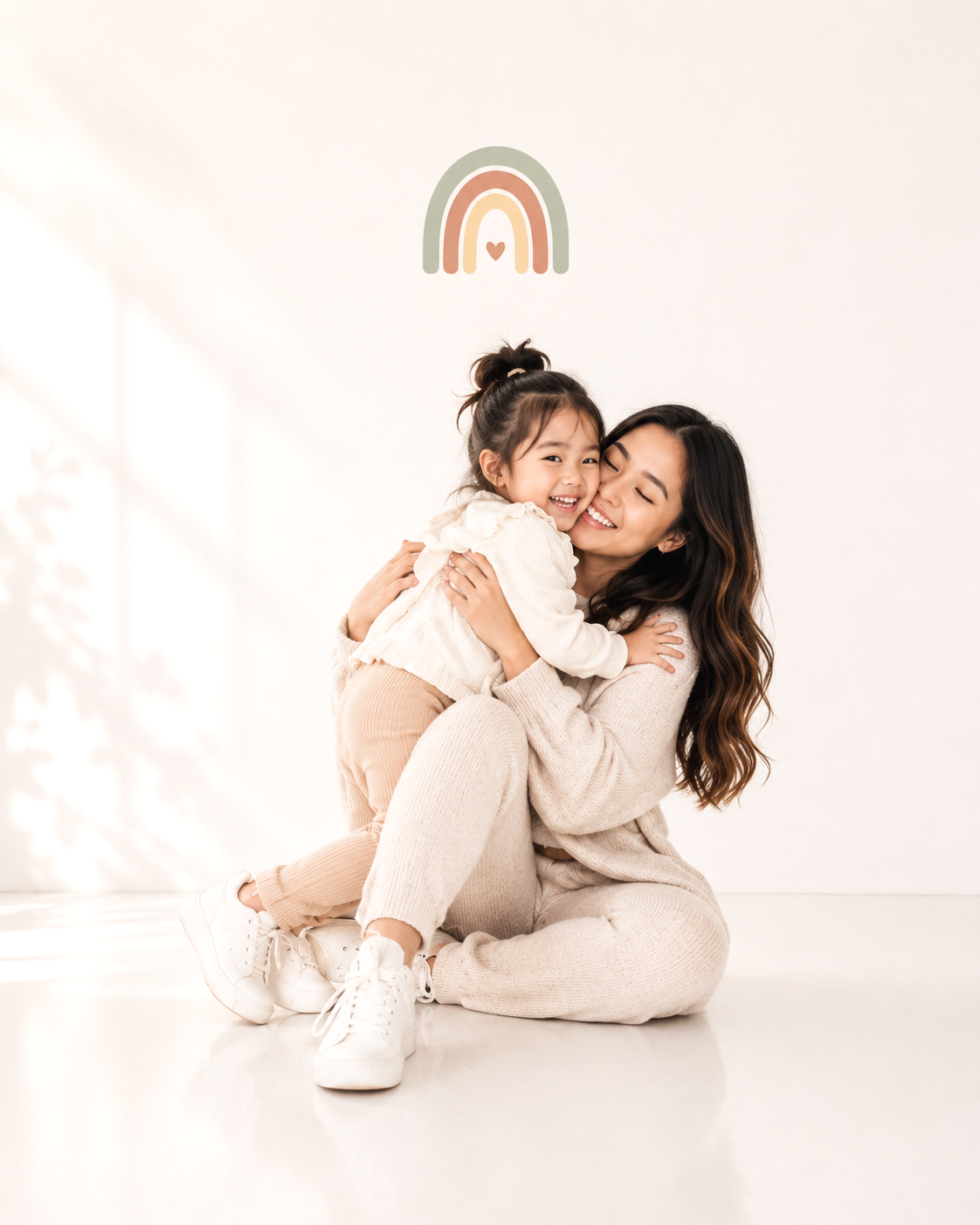 A woman and a young girl smiling and hugging each other in a bright, white room with a rainbow and heart decal on the wall behind them.