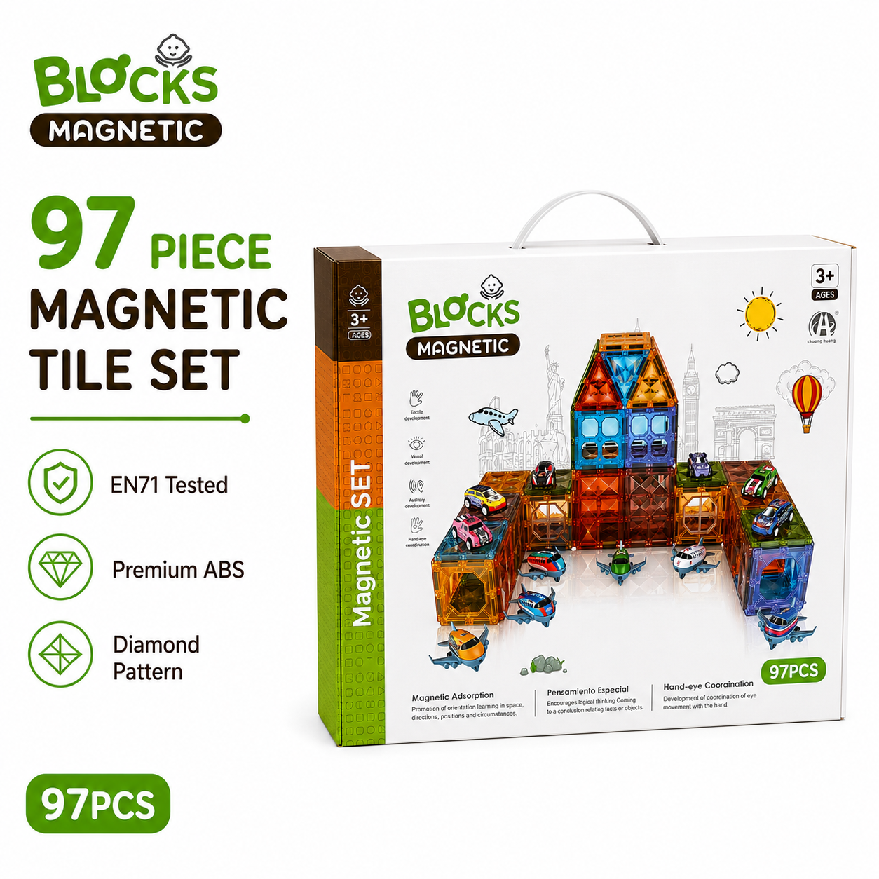 97-Piece Magnetic Tile Set - mini cars, planes and stickers