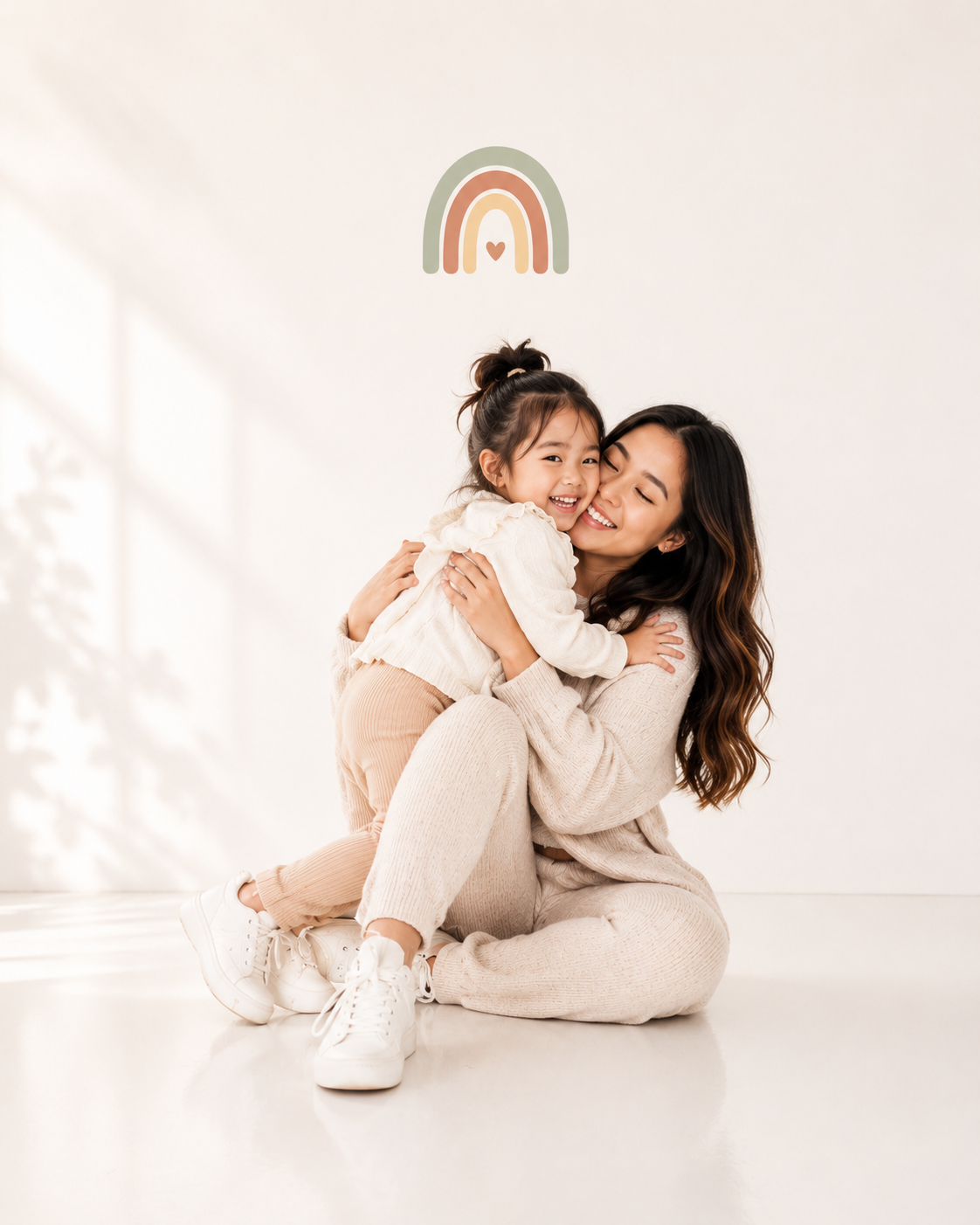 A woman and a young girl hugging and smiling in a bright room with a rainbow and heart wall decoration.