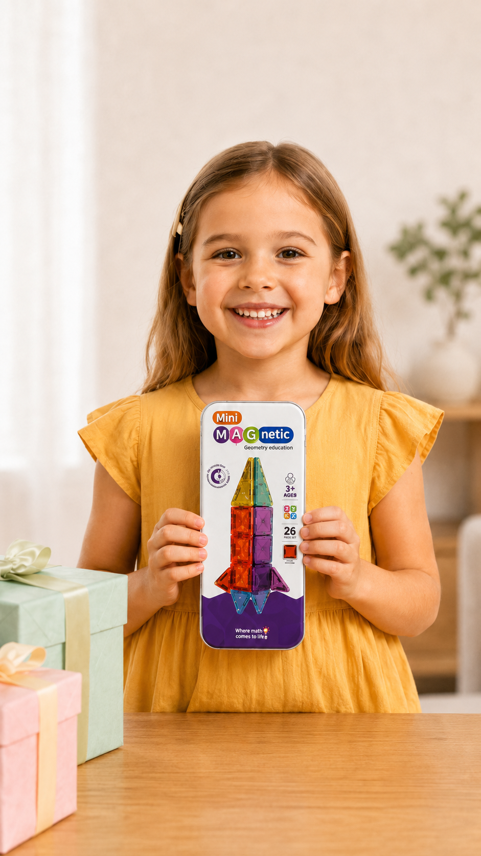 A young girl in a yellow dress holding a boxed set of magnetic geometric toys, smiling in a cozy indoor setting.
