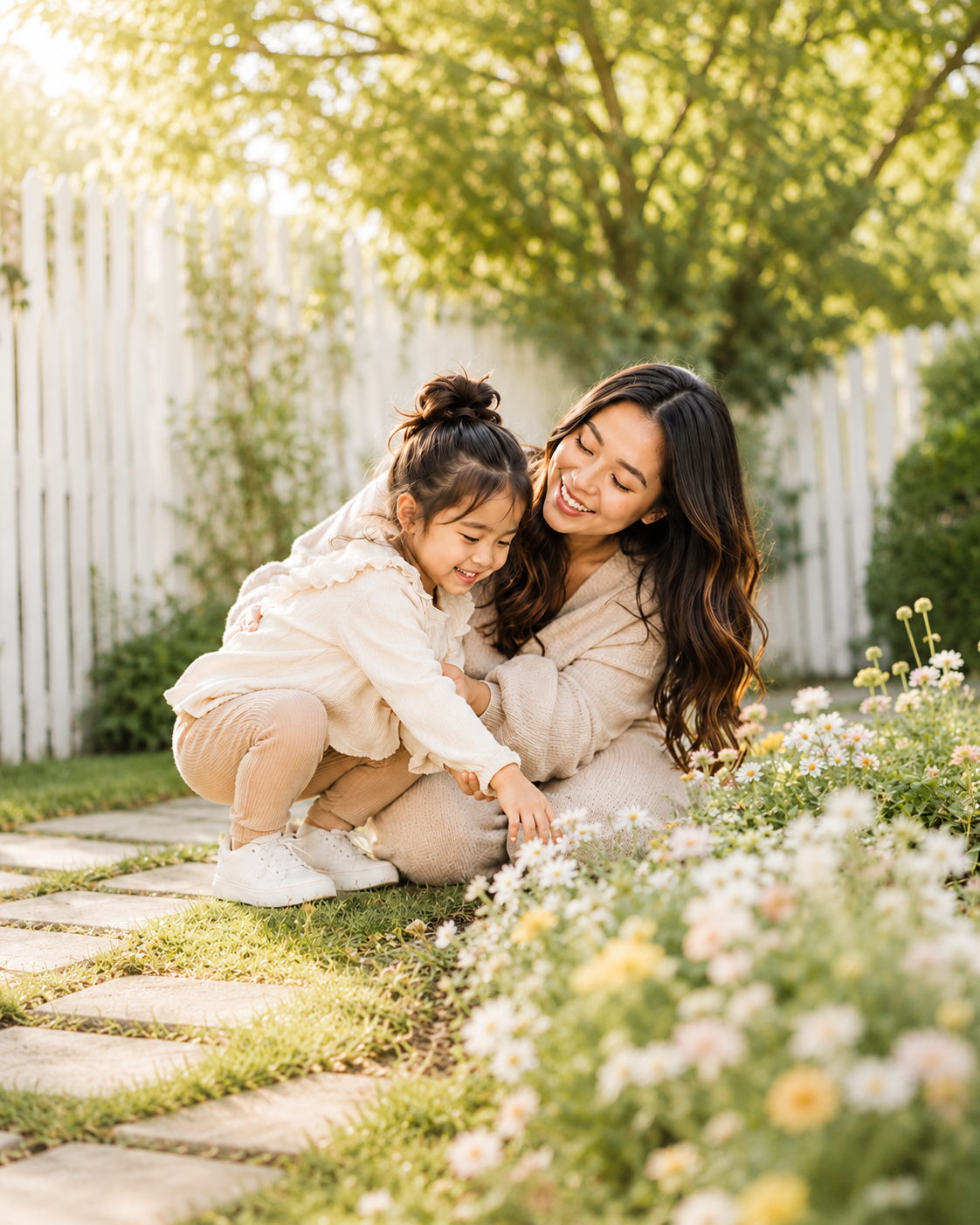 A woman and a young girl playing among blooming flowers in a garden during sunlight.