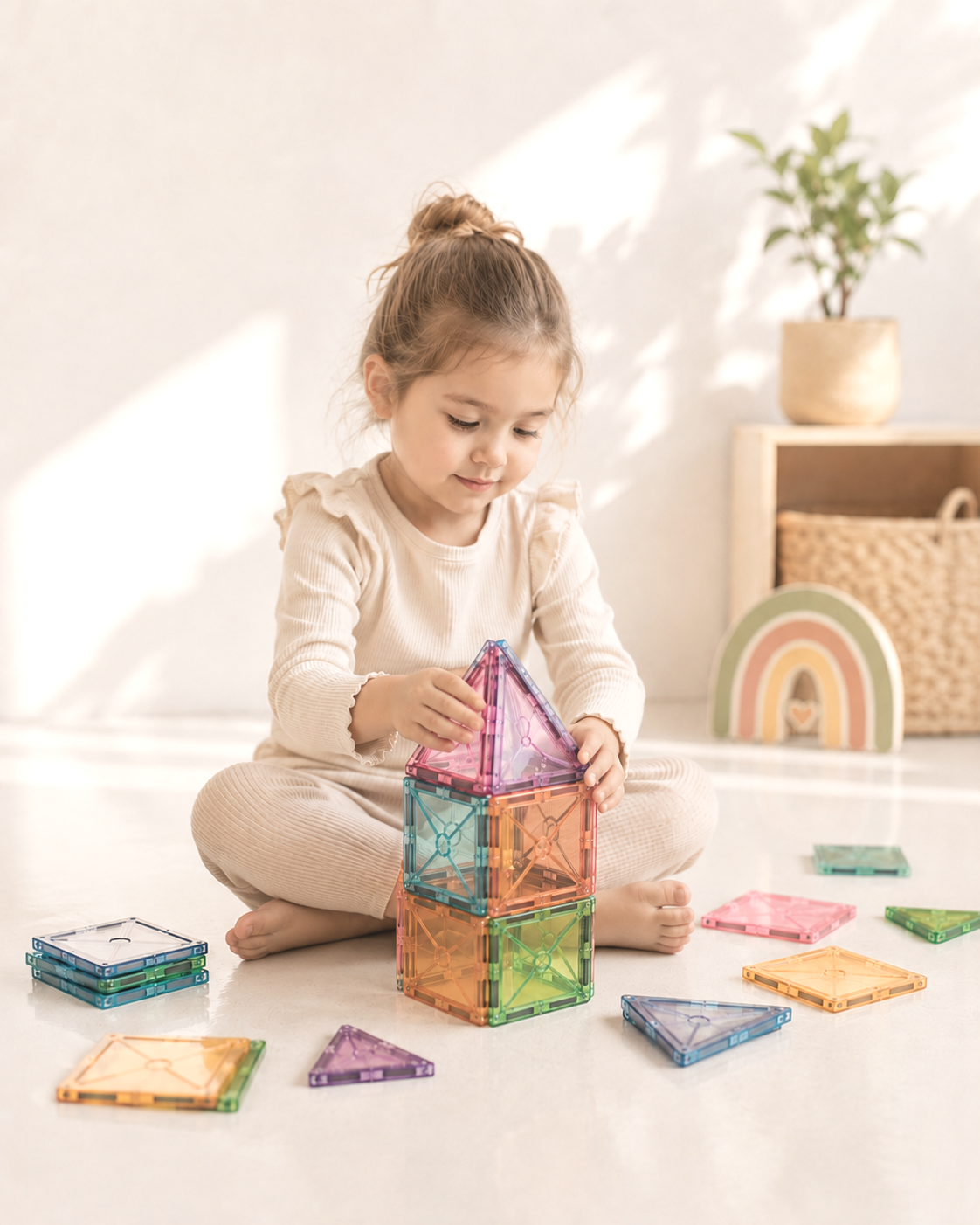 A young girl sitting on the floor playing with colorful magnetic building tiles forming a tower.