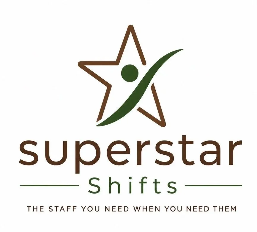 Logo for Superstar Shifts featuring a star and person with a checkmark, with the tagline "The staff you need when you need them."