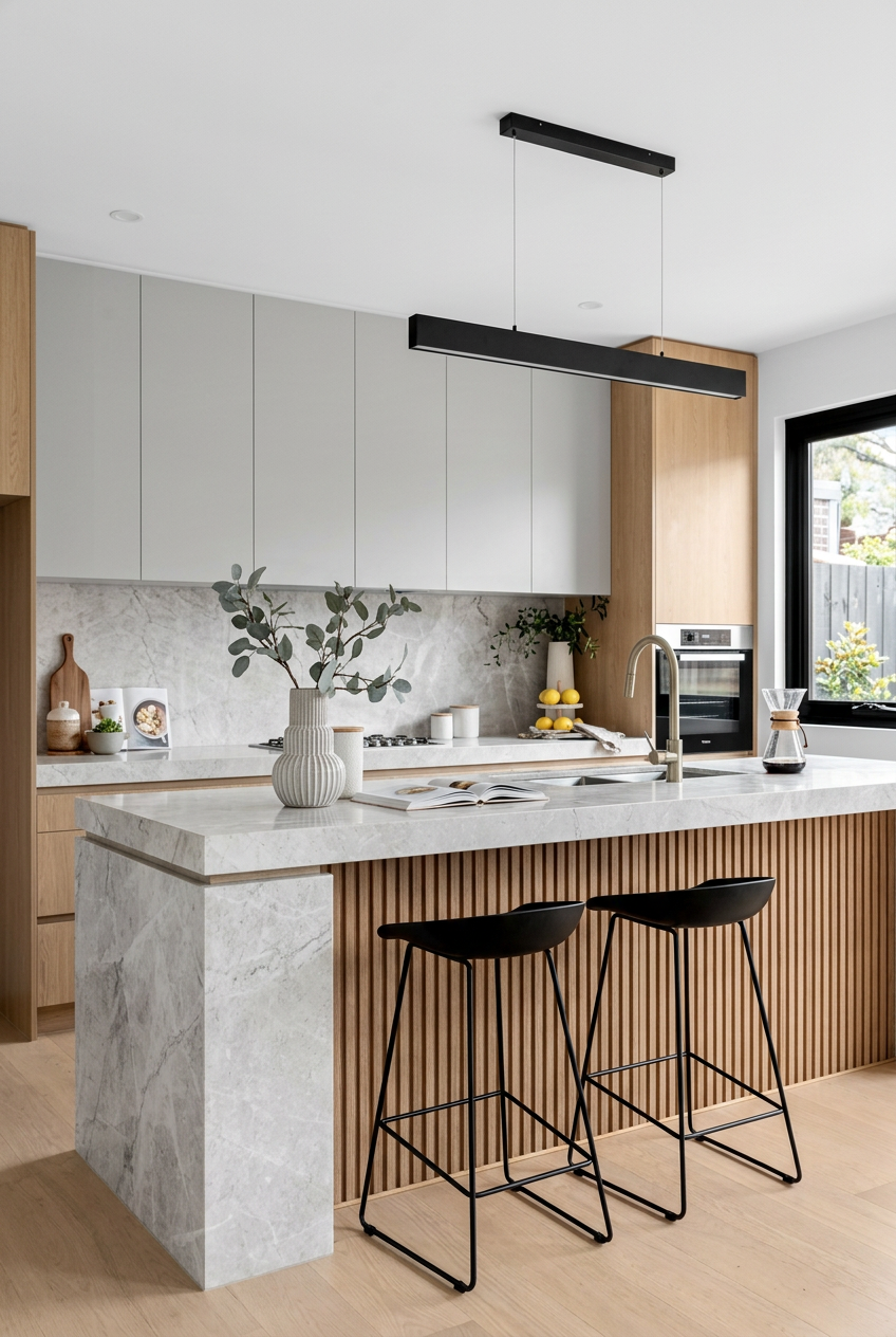 Modern kitchen with white upper cabinets, wooden lower cabinets with vertical grooves, marble countertop island with two black bar stools, black hanging light fixture, window with outdoor view, decorative items like a vase with greenery, lemons, and coffee carafe.