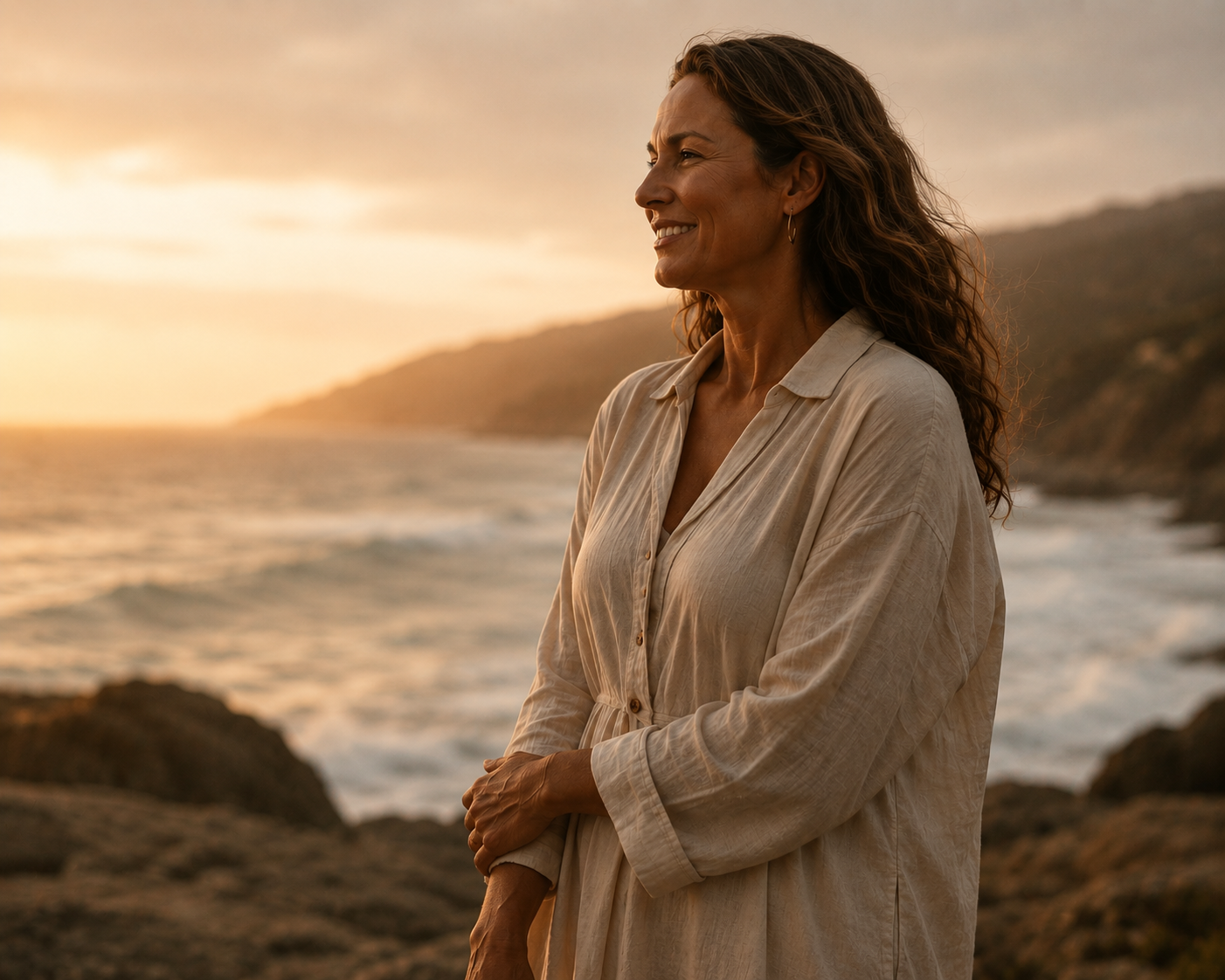 Woman standing on the beach during sunset, looking out over the ocean with hills in the background.