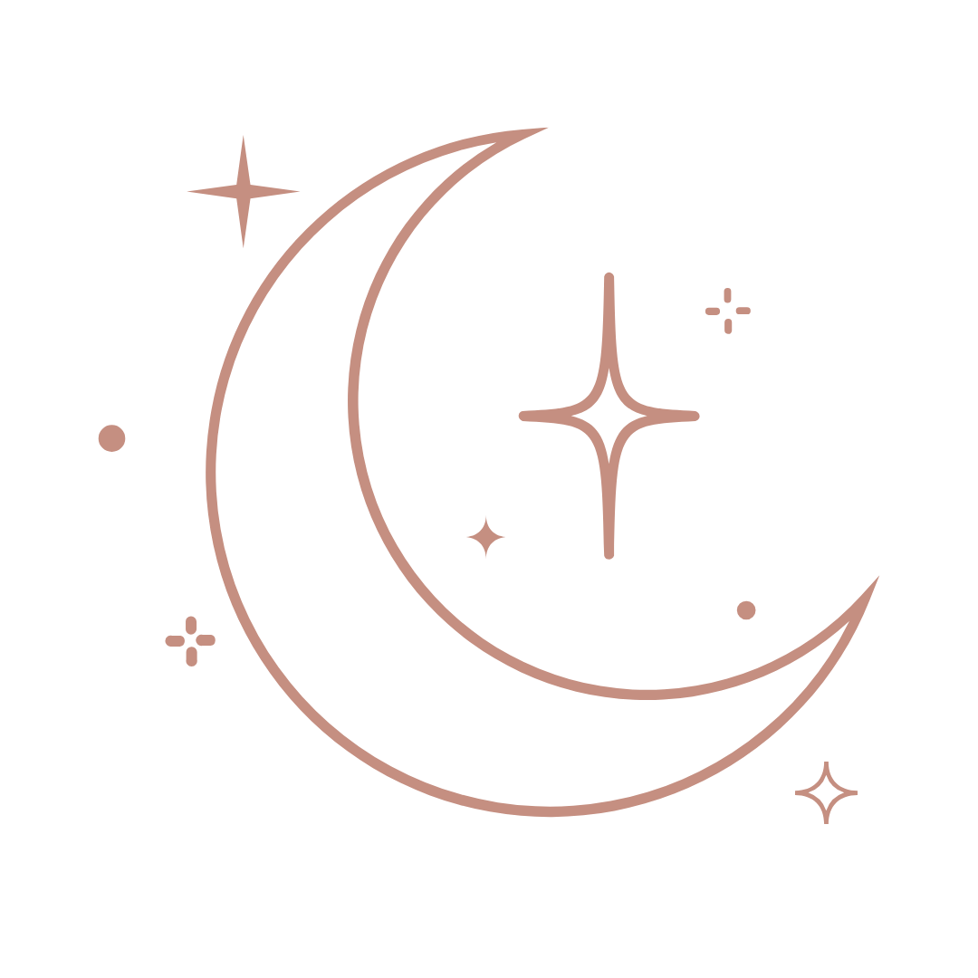 A minimalist line drawing of a crescent moon and stars in pink, set against a black background.