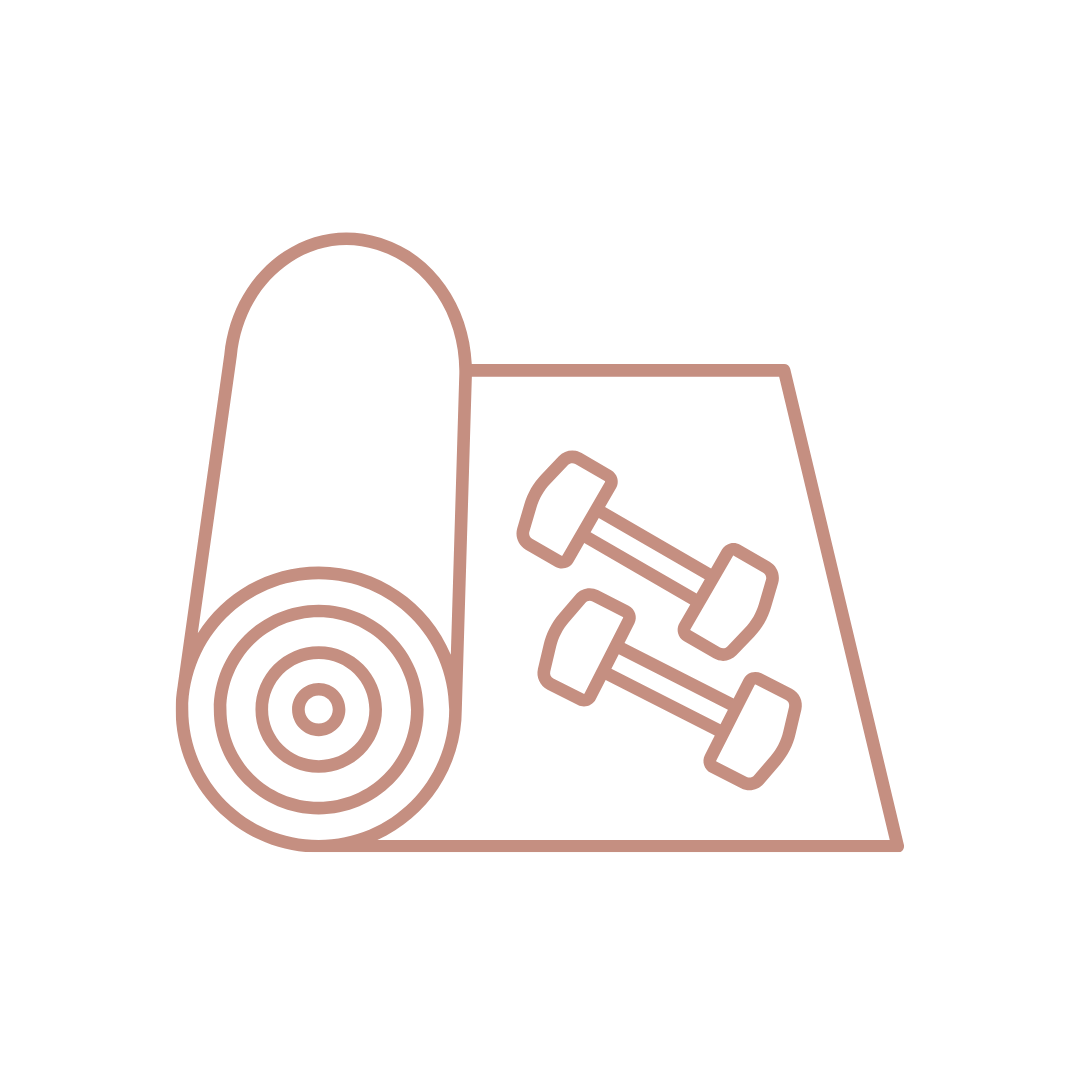 Outline of a yoga mat with dumbbells on a workout mat.