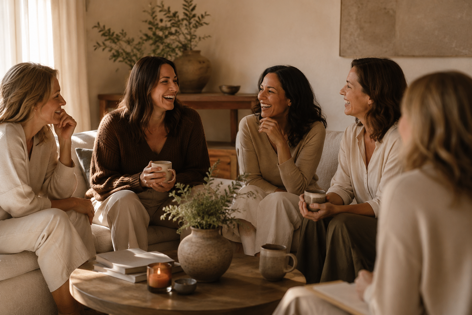 Group of five women sitting on a sofa in a living room, smiling and talking, with coffee mugs in their hands and a table with books, candles, and a plant in front of them.