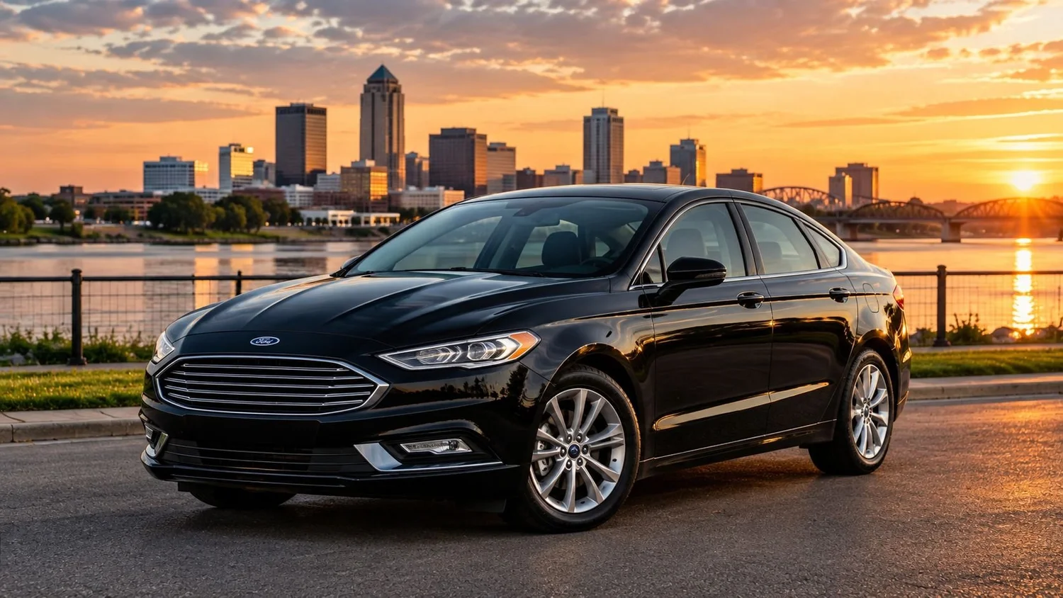 Black Ford Fusion rental car parked by the river with the Des Moines skyline at sunset