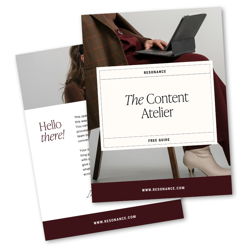 Two overlapping digital documents or flyers for 'The Content Atelier' free guide, featuring a person sitting with crossed legs, wearing a maroon dress, beige high heels, and a checkered blazer, using a tablet device, set against a plain background.