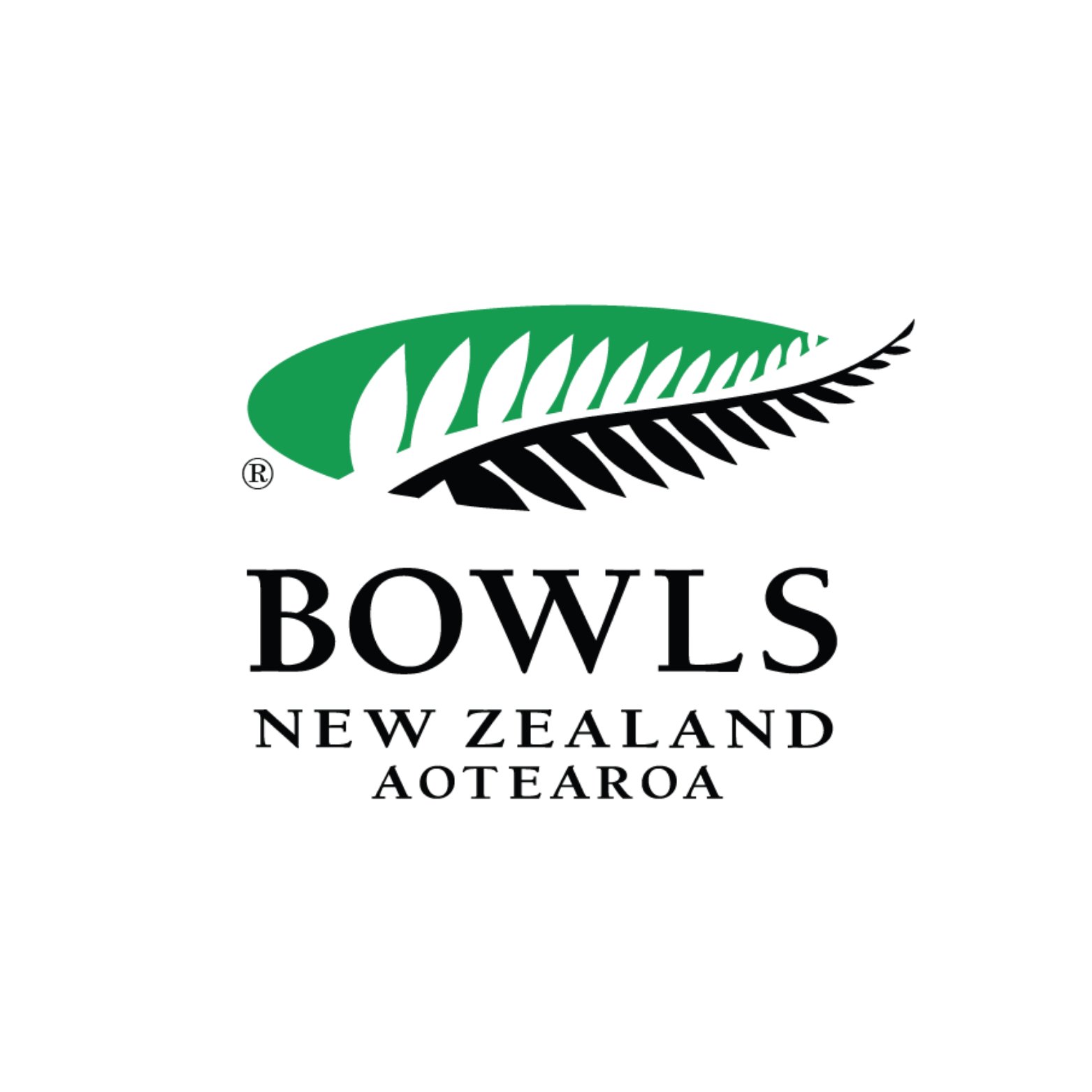 Logo for Bowls New Zealand, featuring a stylized green and black fern leaf above the words 'BOWLS NEW ZEALAND AOTEAROA' in black text.