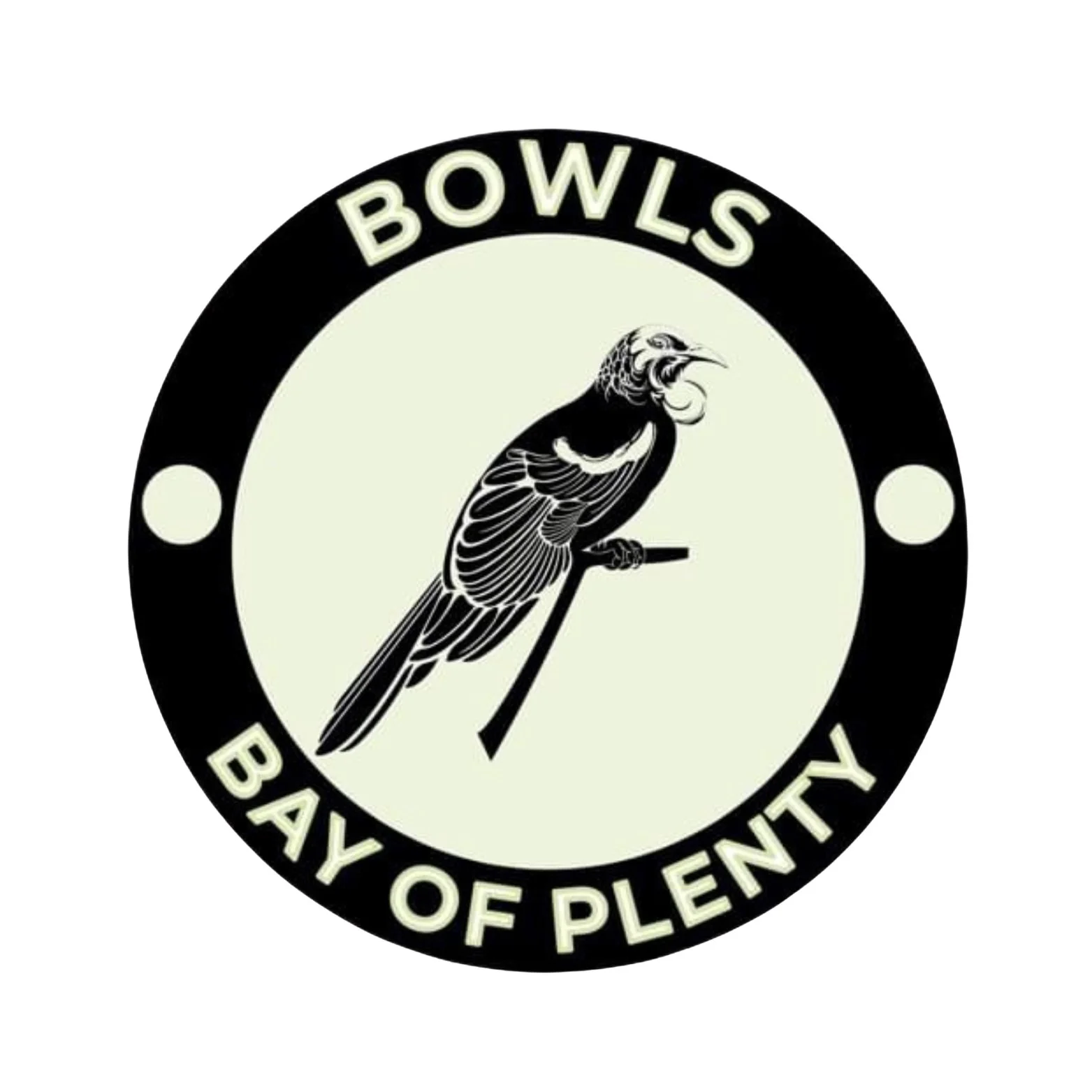 Logo for the Bay of Plenty Bowls Association featuring a bird perched on a stand against a white background with black circular text.