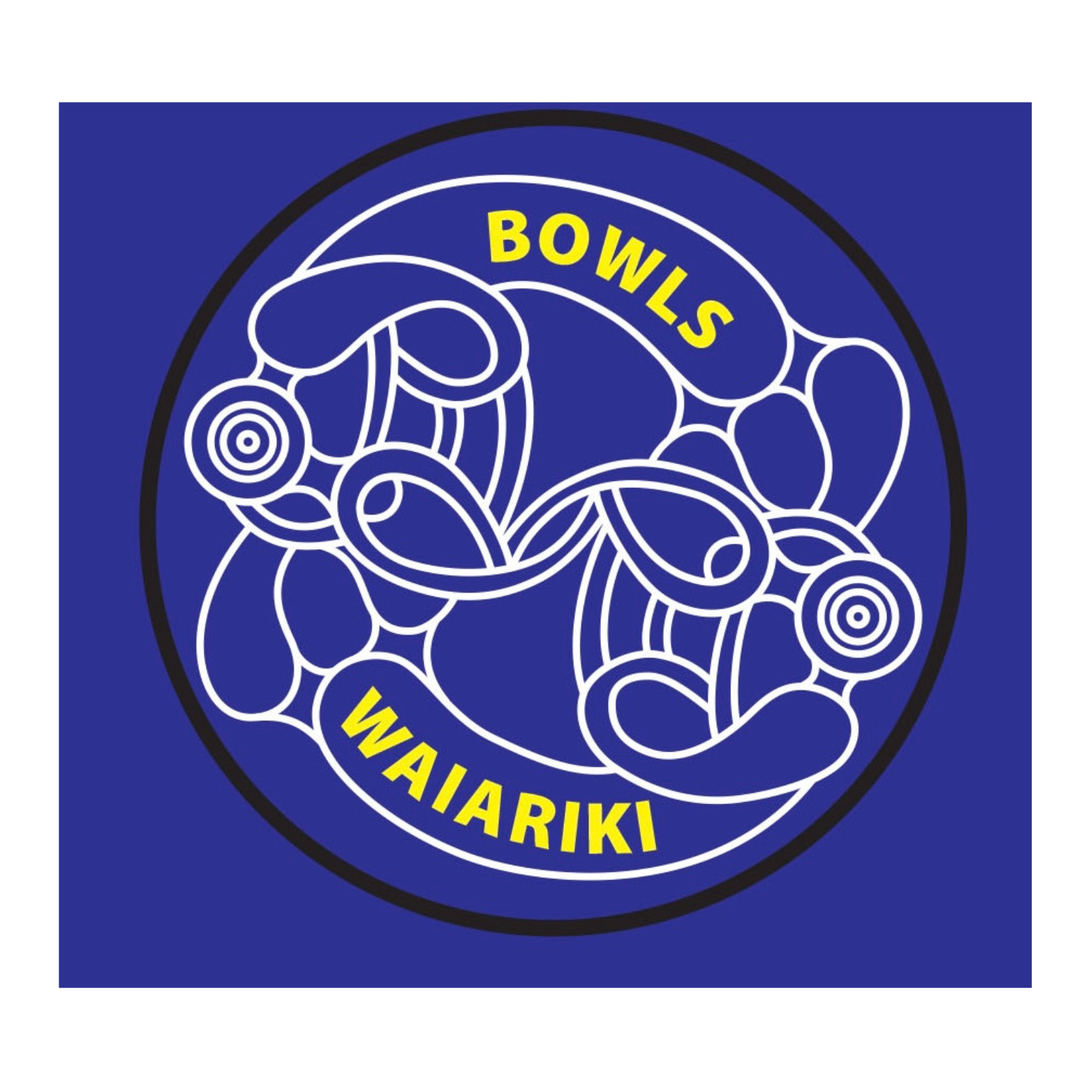 A stylized logo with white outlined bowl shapes on a blue background, containing the words "BOWLS" at the top and "WAIARIKE" at the bottom in yellow uppercase letters, encased within a black circular border.