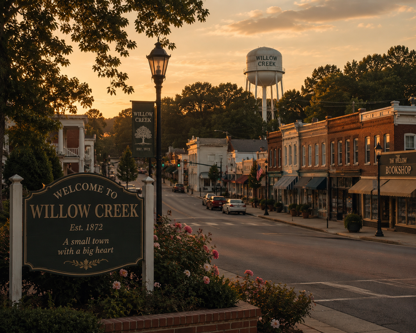 Sunset view of a small town main street with historic brick and wooden buildings, parked cars, and a water tower in the background. A sign welcomes visitors to Willow Creek, established in 1872, describing it as 'A small town with a big heart.'