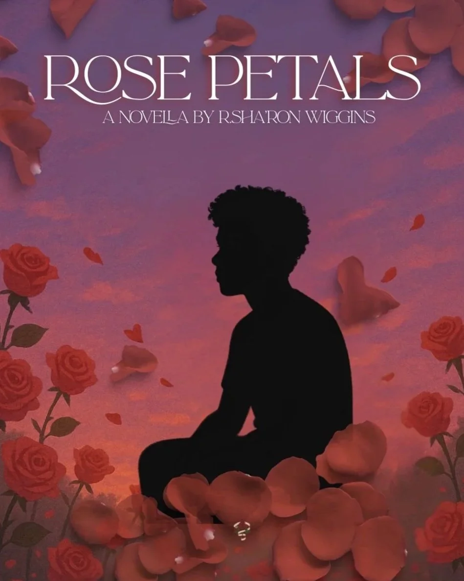 Book cover of 'Rose Petals' by R. Sharon Wiggins, featuring a black silhouette of a person sitting among rose petals with a pink and purple sky background.