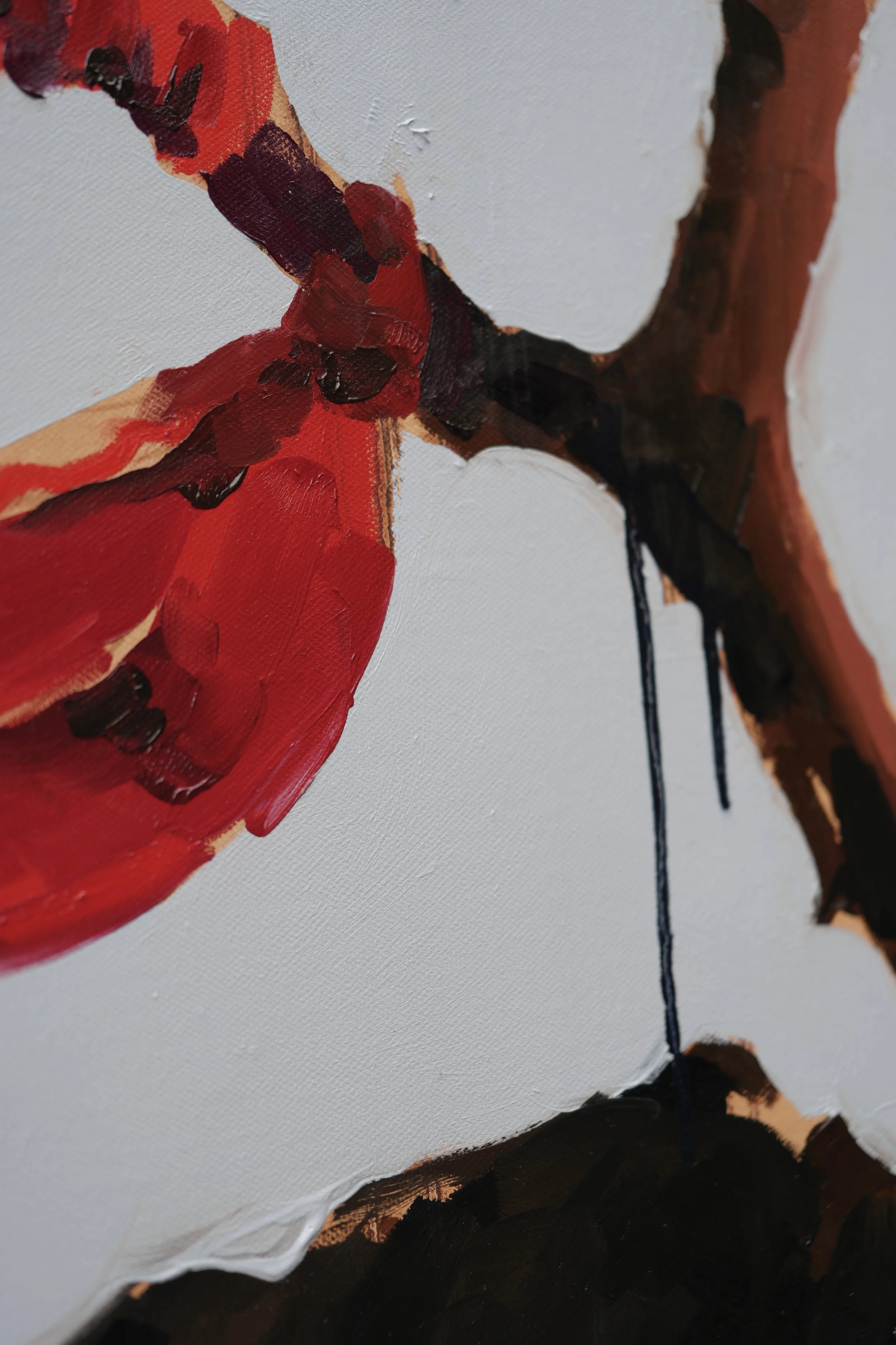 Detail of red ribbons, tree bark and loose oil drips, from Shinmok by Marina Ogai