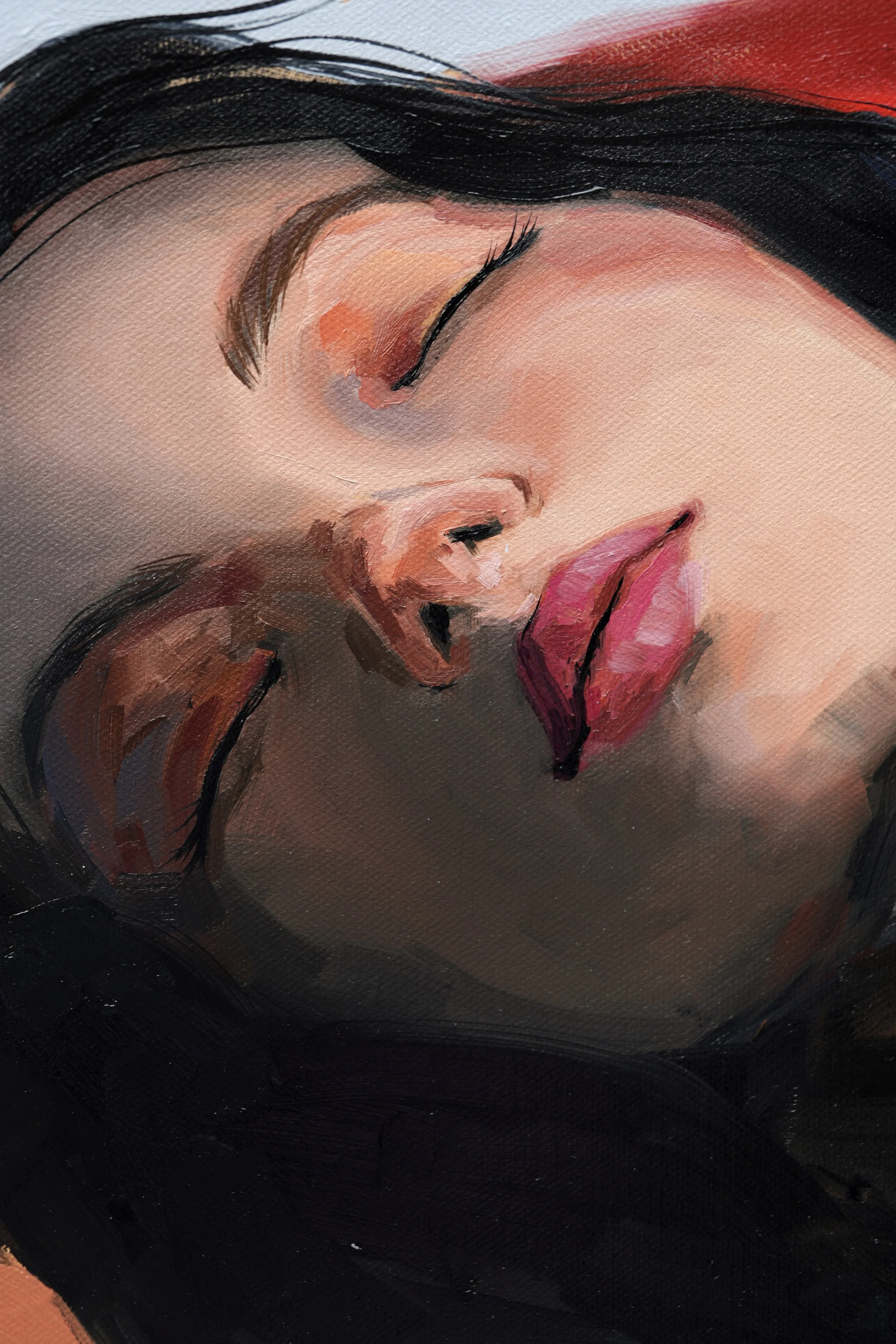 Close-up of a sleeping woman's face with closed eyes, oil on linen detail from Shinmok by Marina Ogai
