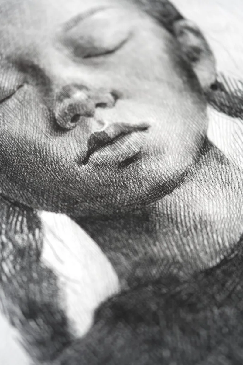 A young girl with braids and closed eyes below a wide sky of clouds, dense pencil hatching, from The In-Between by Marina Ogai