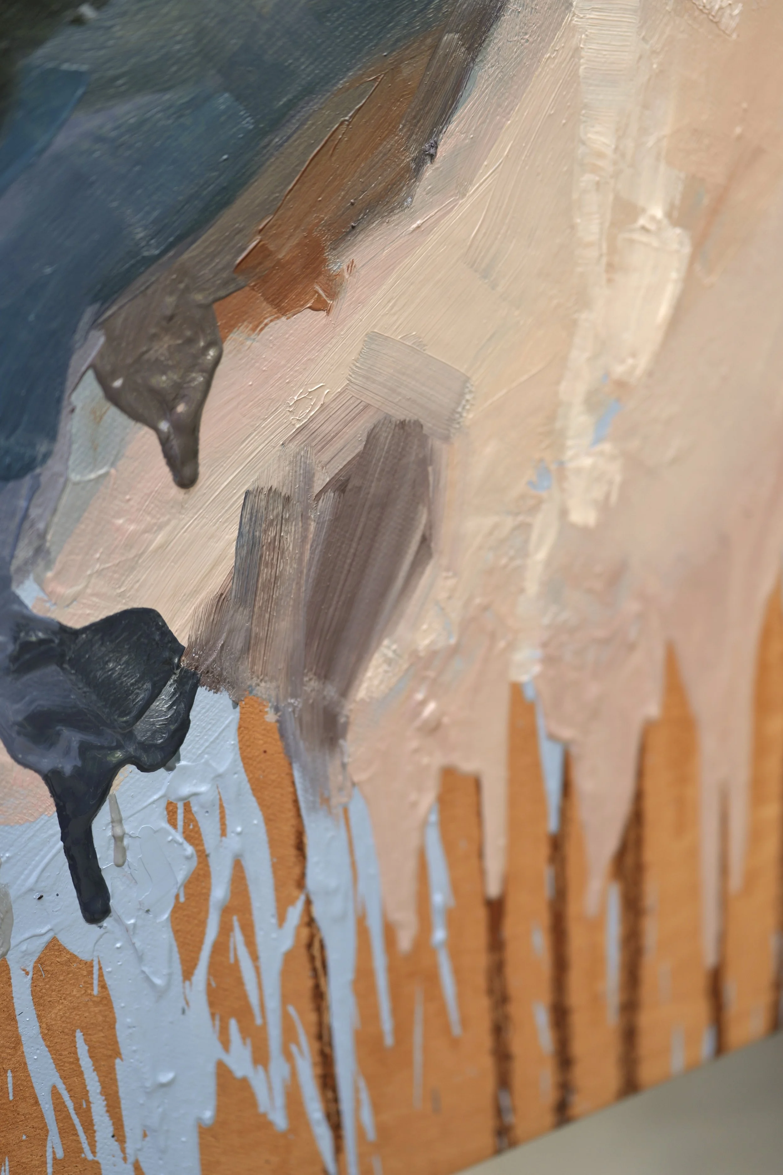 Thick palette knife strokes on a white collar dripping over raw linen, texture detail of The Encounter by Marina Ogai