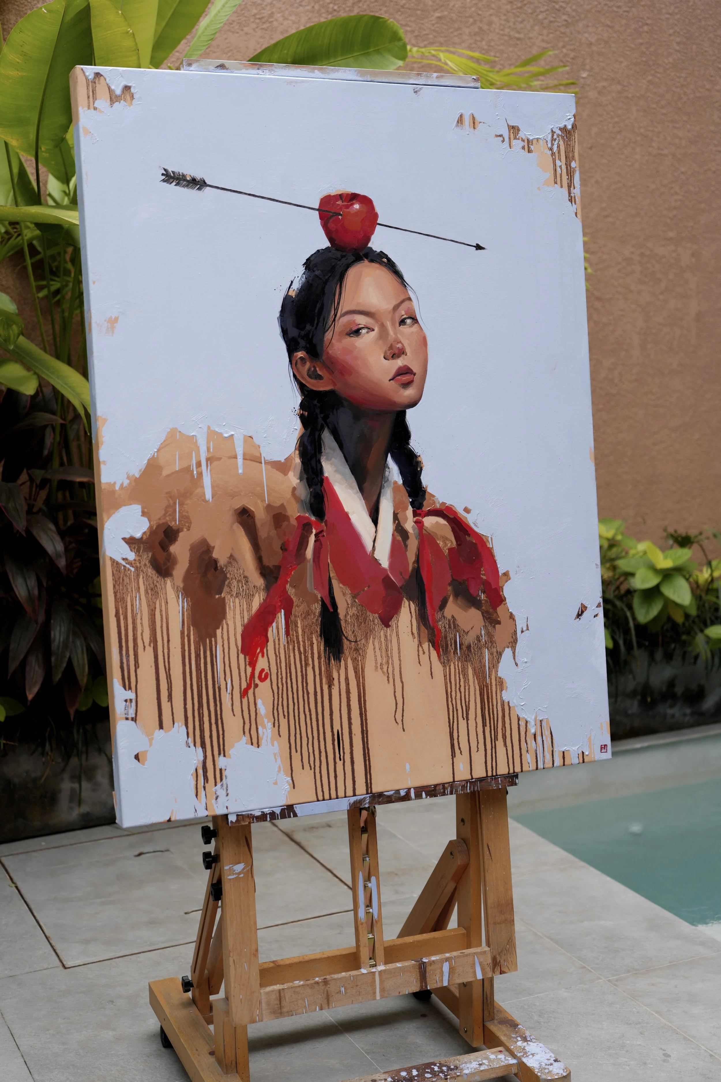 The Aftermath on an easel outdoors, original oil on linen canvas, 120 × 90 cm, by Marina Ogai
