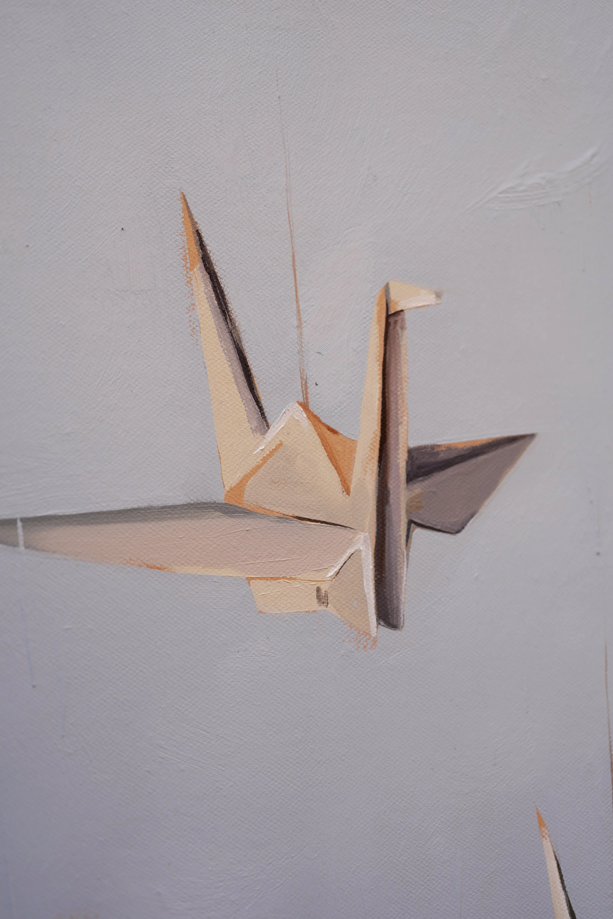 Folded paper crane hanging on a thin thread, textured oil paint, detail of Jeopgi by Marina Ogai