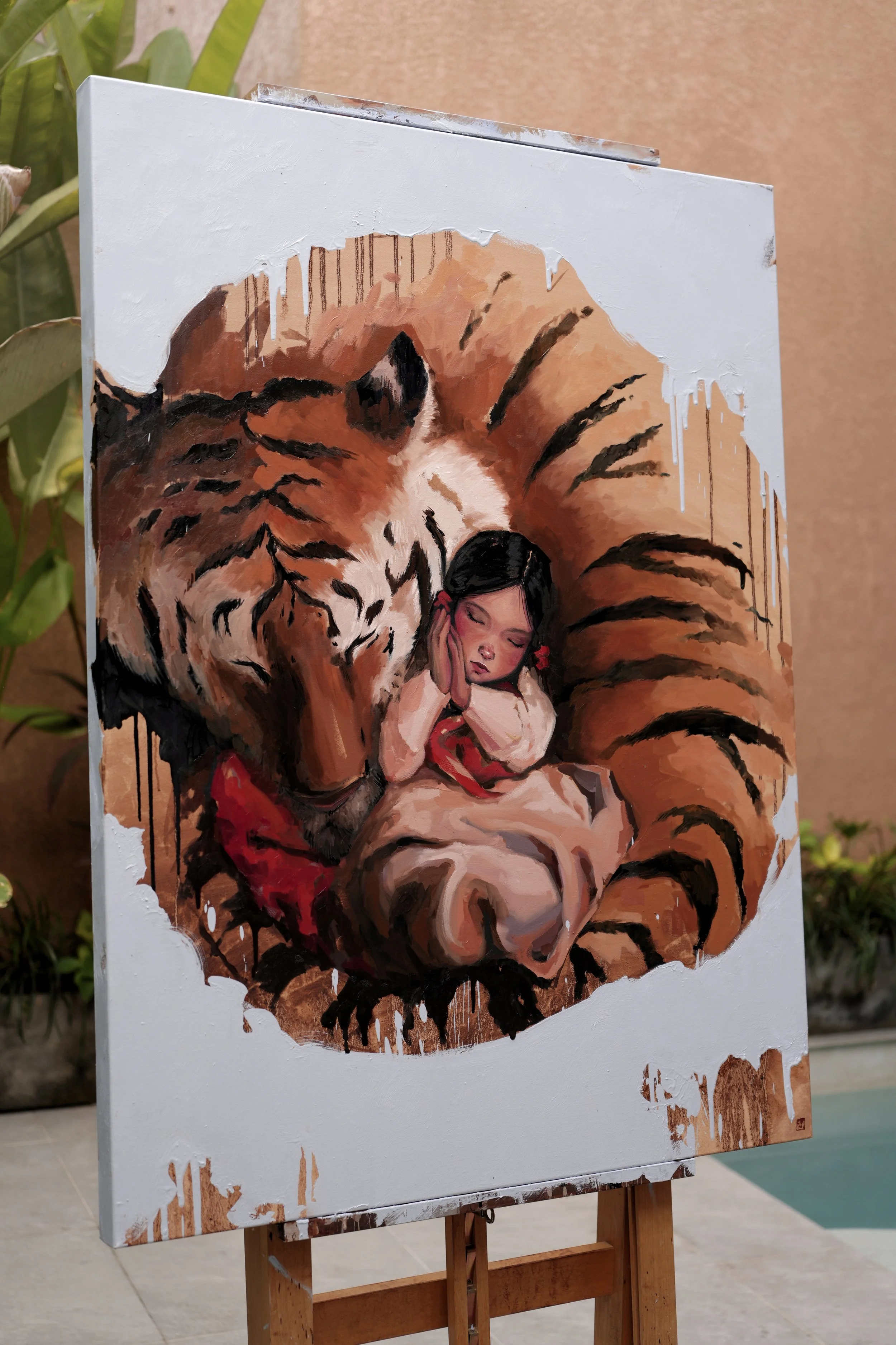 A girl in a white hanbok sleeps with her cheek on folded hands, curled inside the body of a giant resting tiger, oil on linen, from Given by Marina Ogai