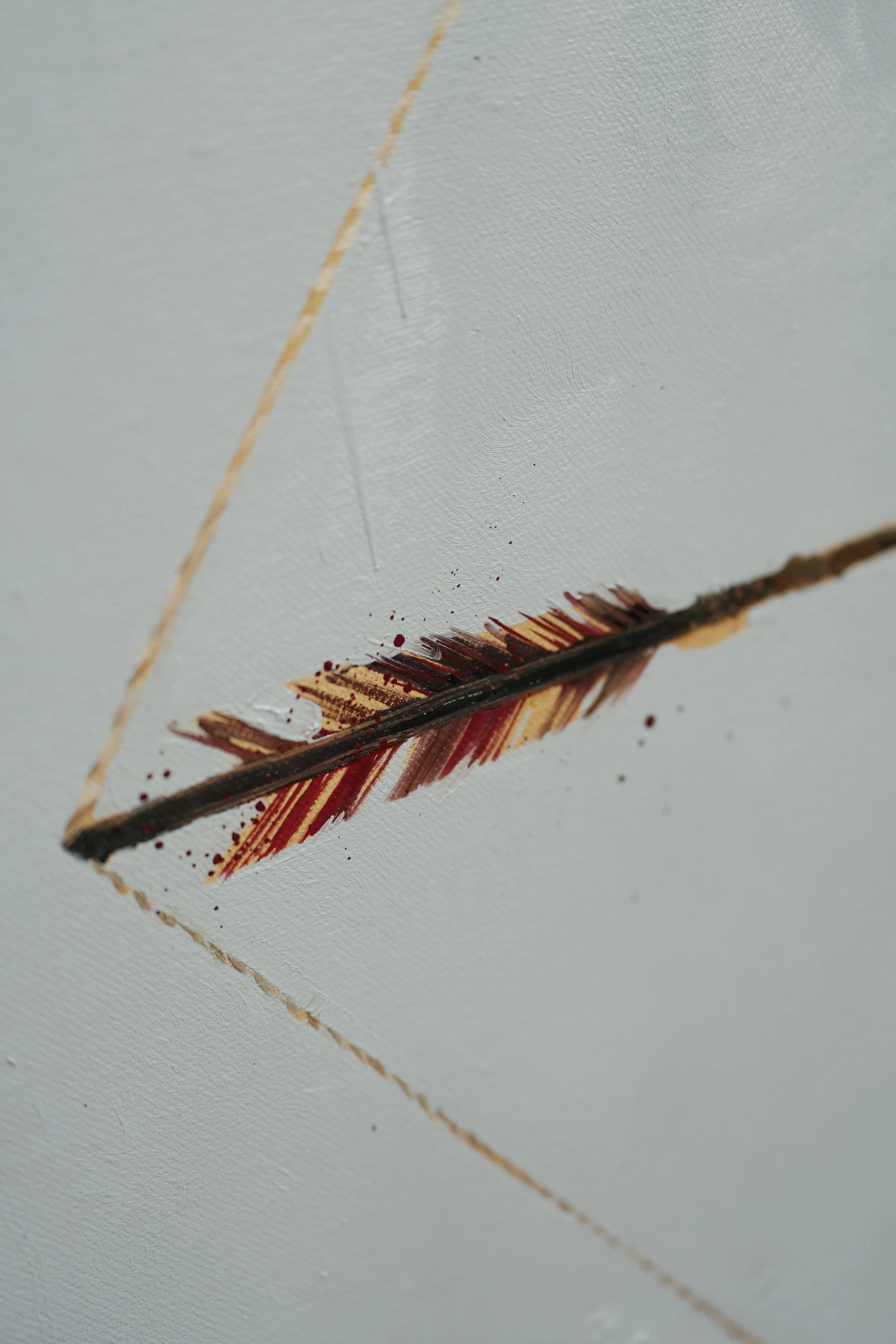 Close-up of red and ochre arrow fletching against a taut bowstring, oil on linen detail, from Given by Marina Ogai
