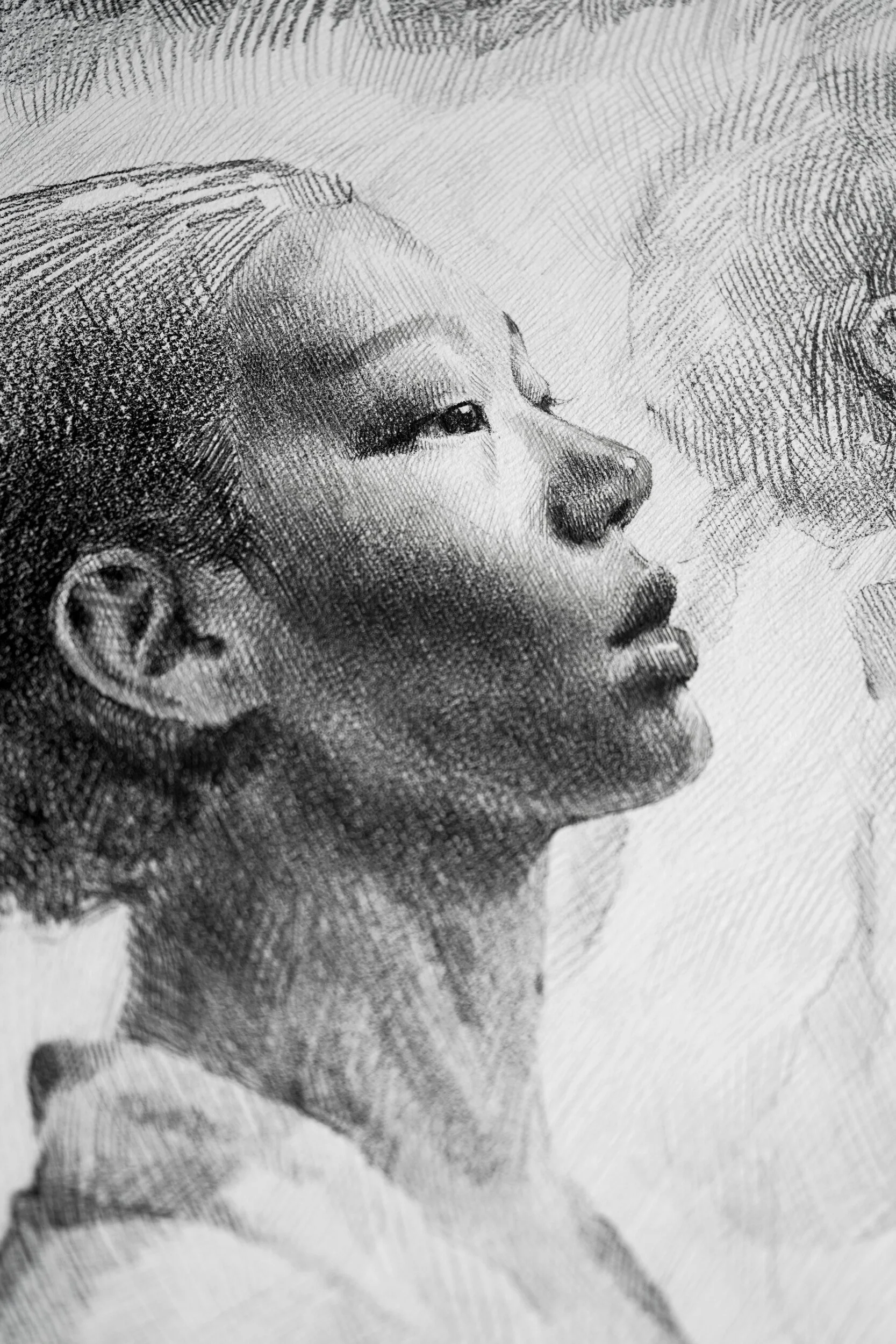 Detail of Striving or Fleeing by Marina Ogai: the woman's face in profile, dense pencil hatching