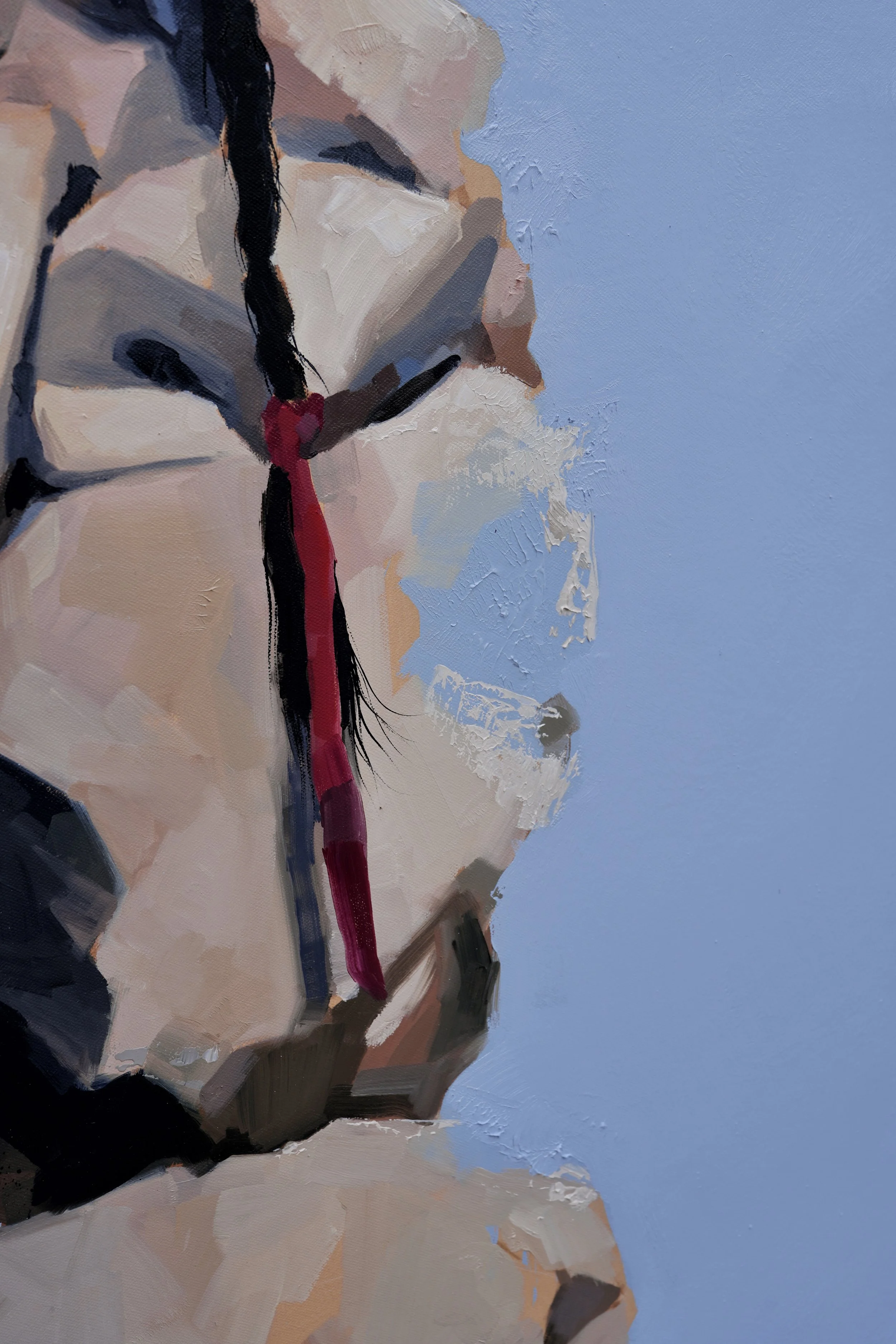 Cairn, detail – folds of the hanbok with a deep red ribbon running through them, thick oil brushwork