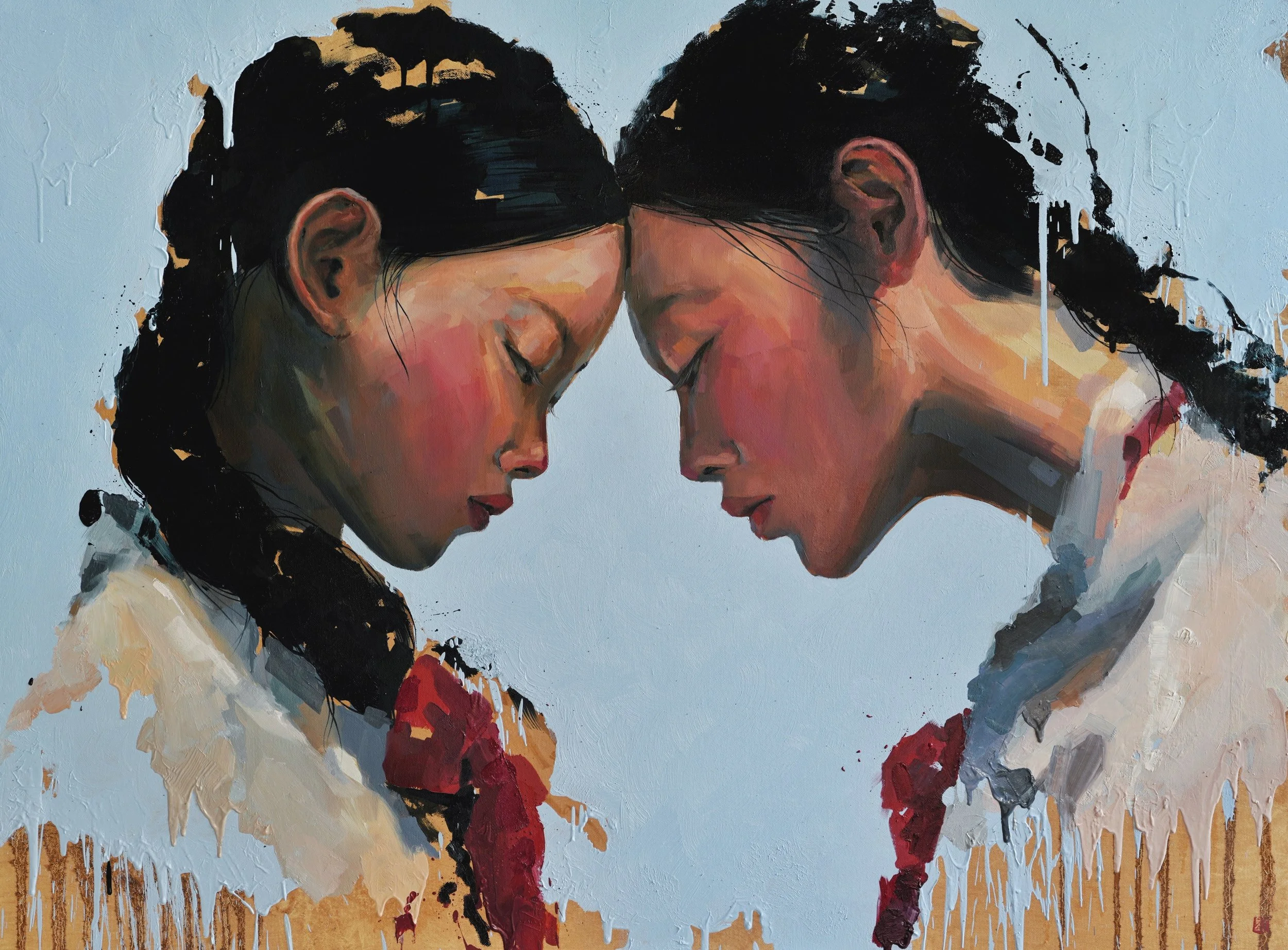 Oil painting The Encounter (2026) by Marina Ogai. From the Given series, a visual exploration of predestination and things that reach us before any choice – our origins, belonging, and given names