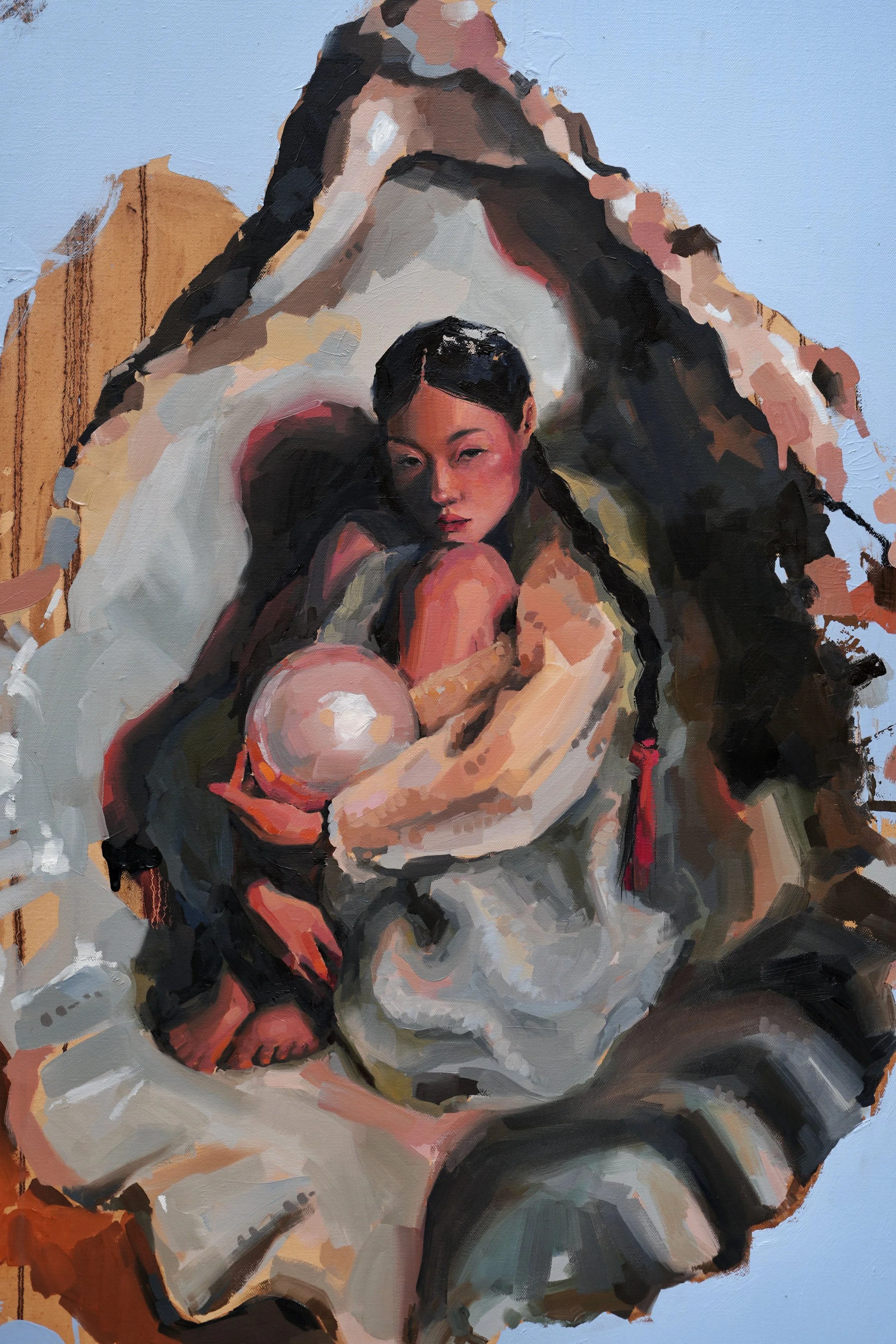 Formation, detail – the figure folded into the oyster shell, braid with a red tassel, grey and ochre planes of oil paint