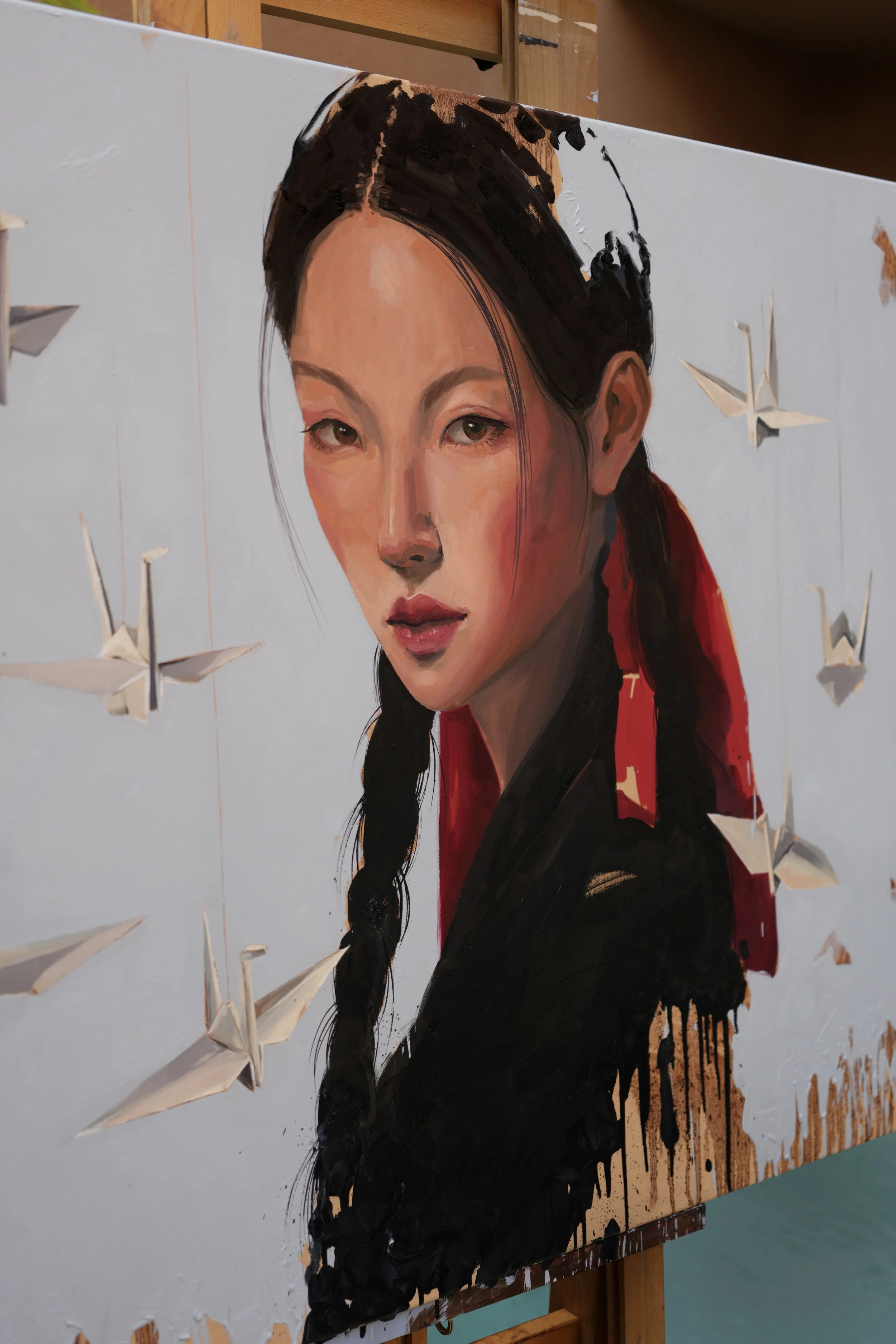 Jeopgi seen at an angle, showing paint texture and black drips along the lower edge, oil on linen by Marina Ogai