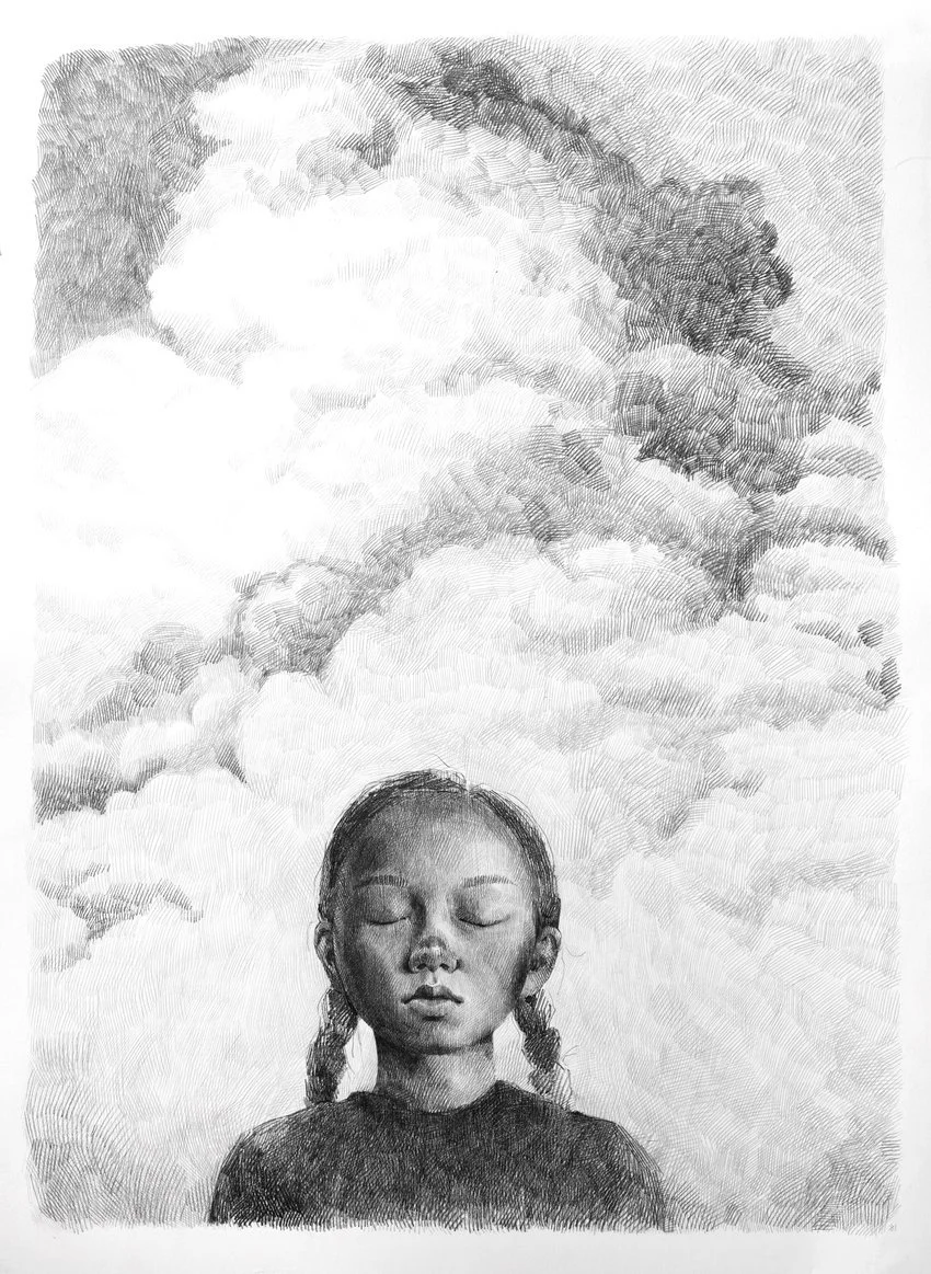 A young girl with braids and closed eyes below a wide sky of clouds, dense pencil hatching, from The In-Between by Marina Ogai