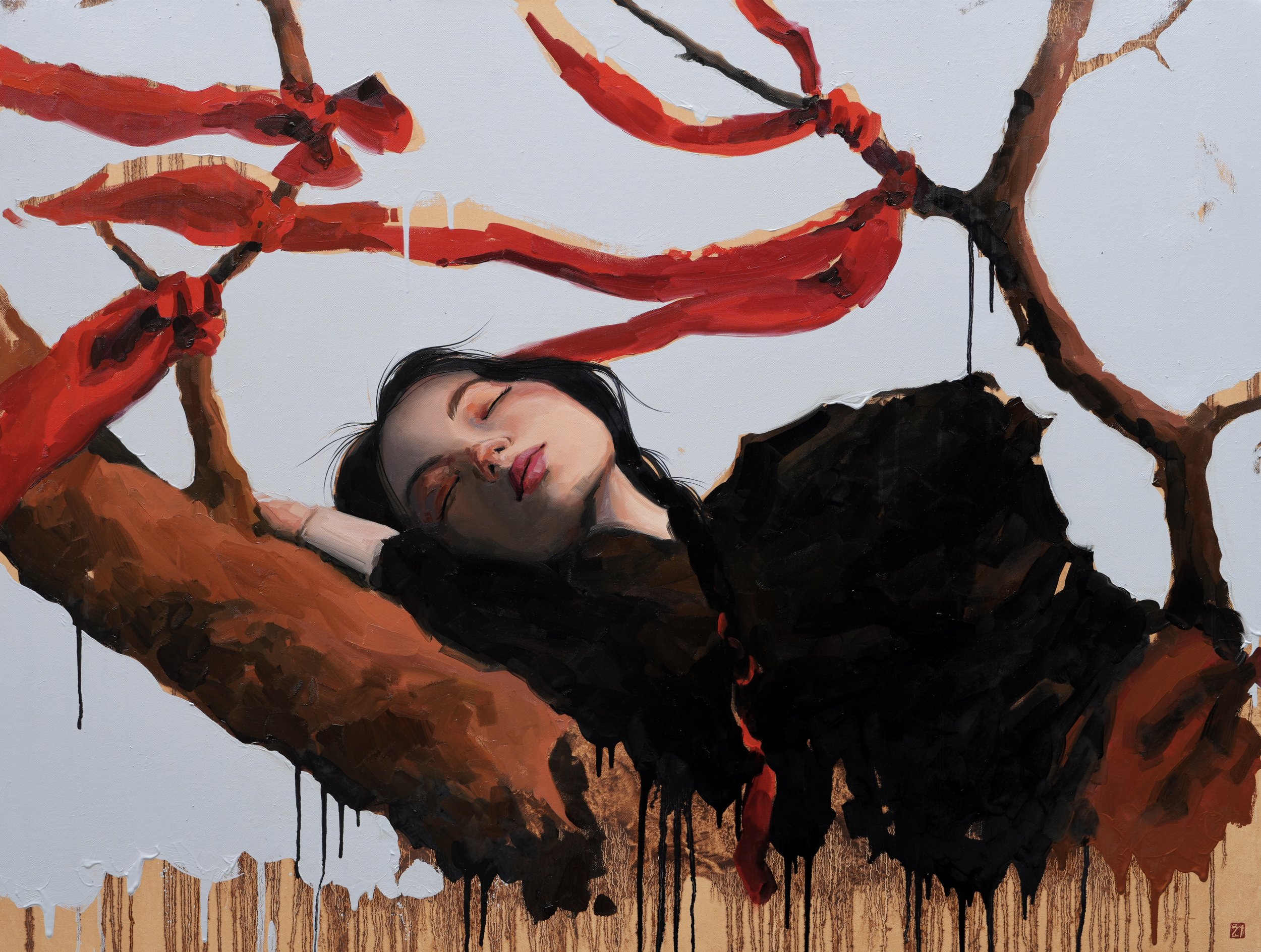 A woman with long black hair asleep on a tree branch tied with red ribbons – Shinmok, oil on linen, by Marina Ogai