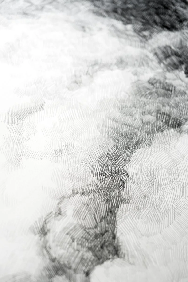 A young girl with braids and closed eyes below a wide sky of clouds, dense pencil hatching, from The In-Between by Marina Ogai