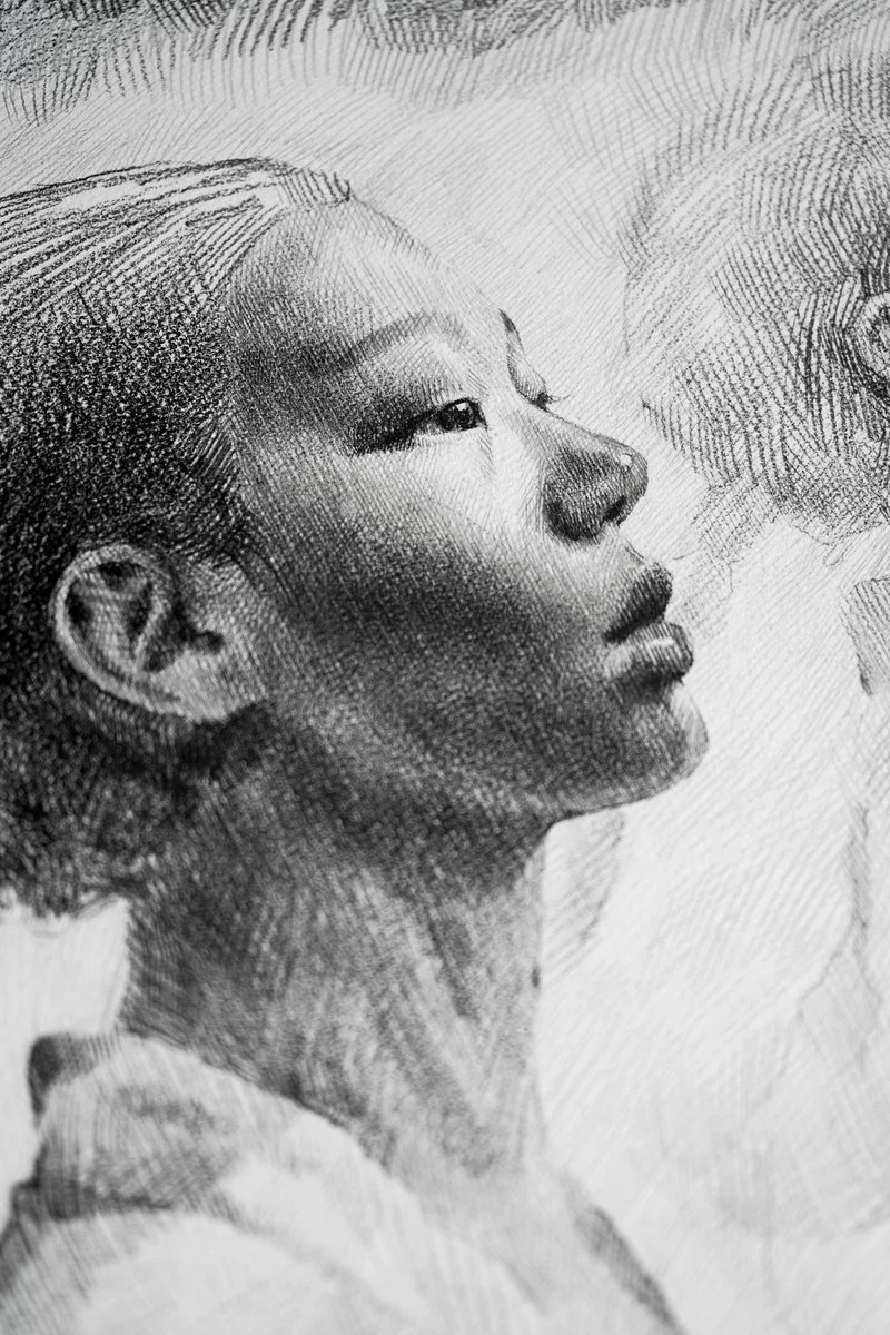 A young woman's profile in motion with a second faint profile behind her, dense pencil hatching, from The In-Between by Marina Ogai