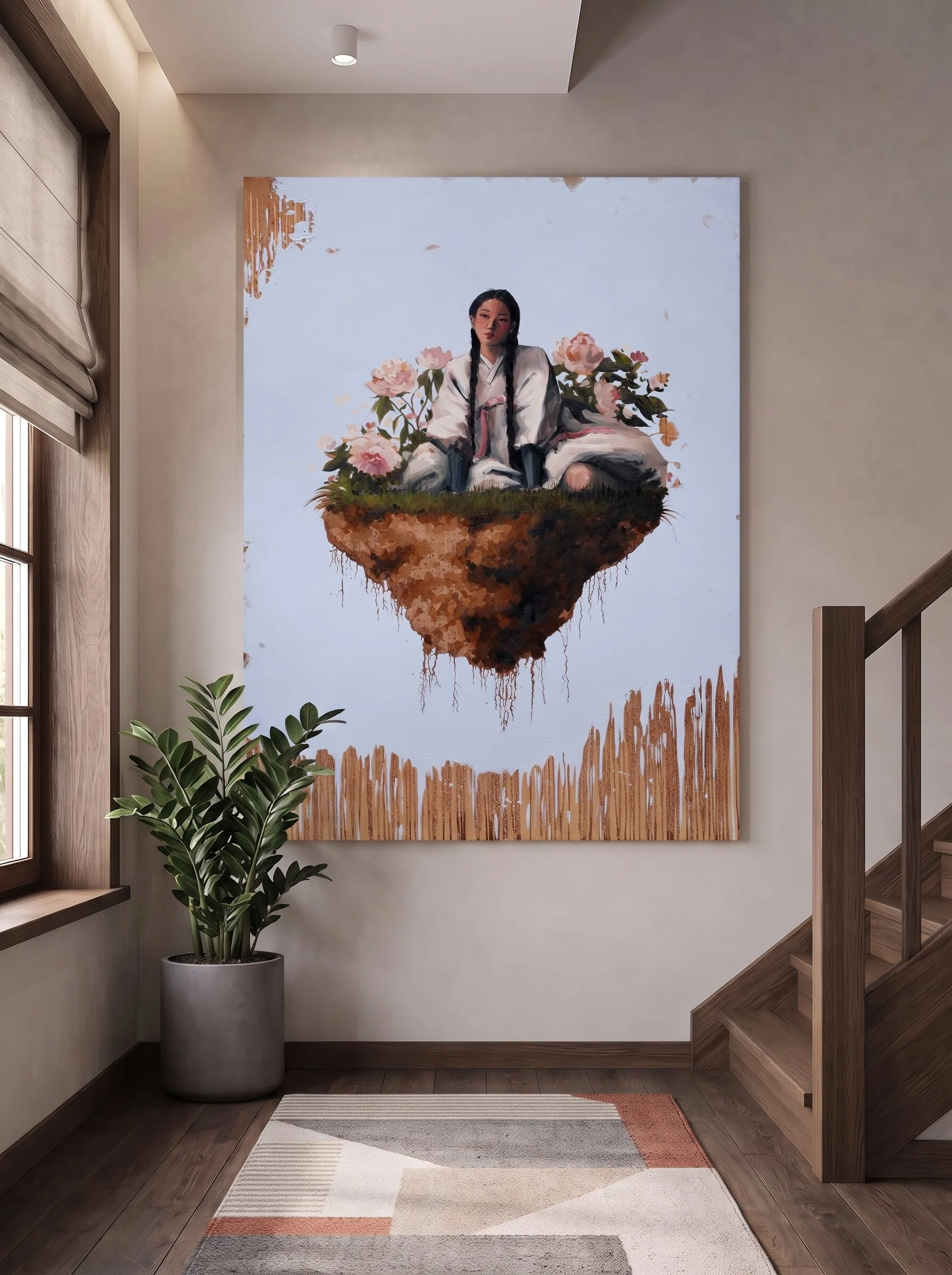 Room mockup of Moran in a bright hallway with a staircase and a potted plant – large oil on linen by Marina Ogai
