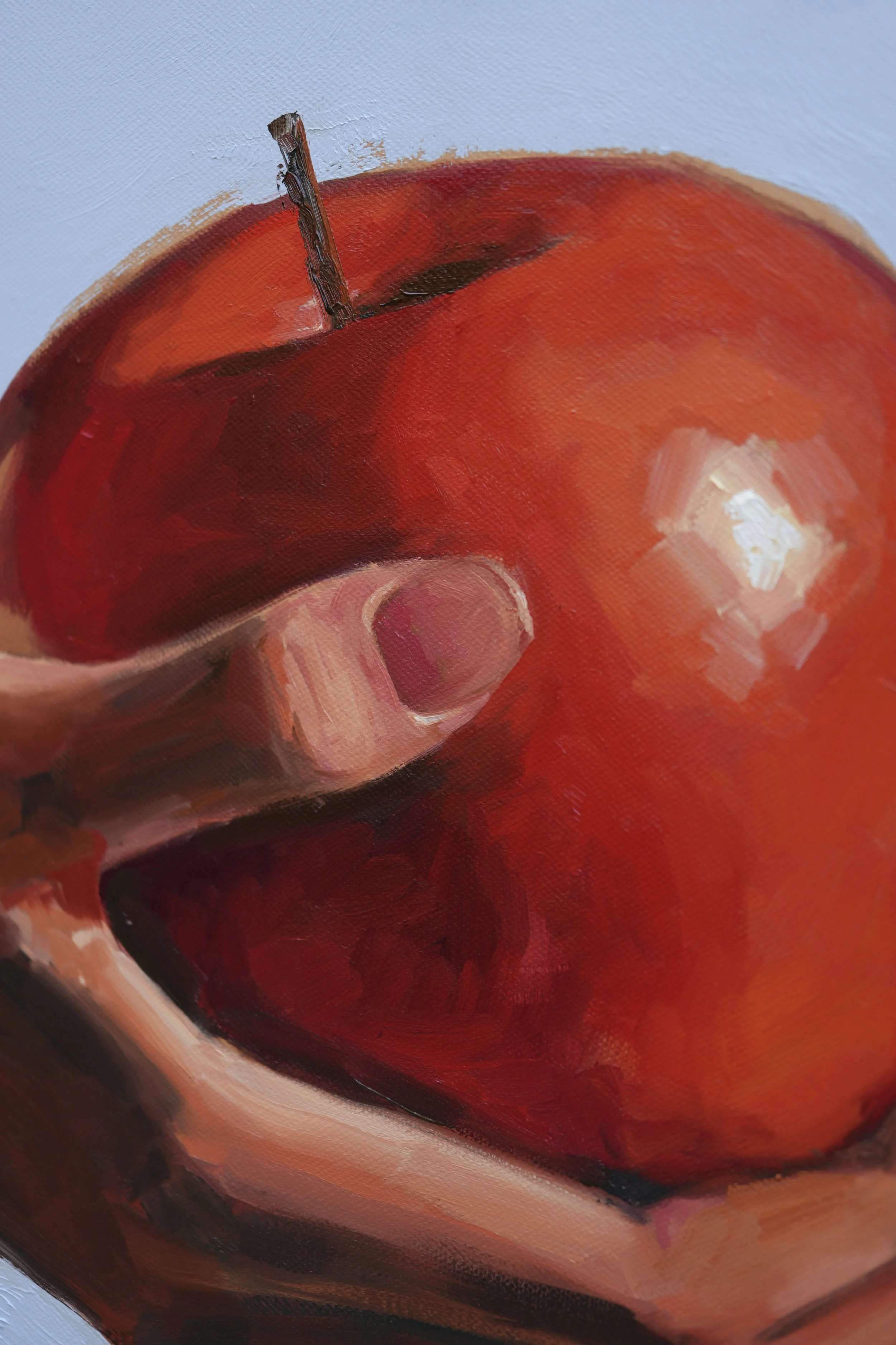Close-up of fingers pressed to a red apple with a bright highlight, loose oil brushwork, detail of Sagwa by Marina Ogai