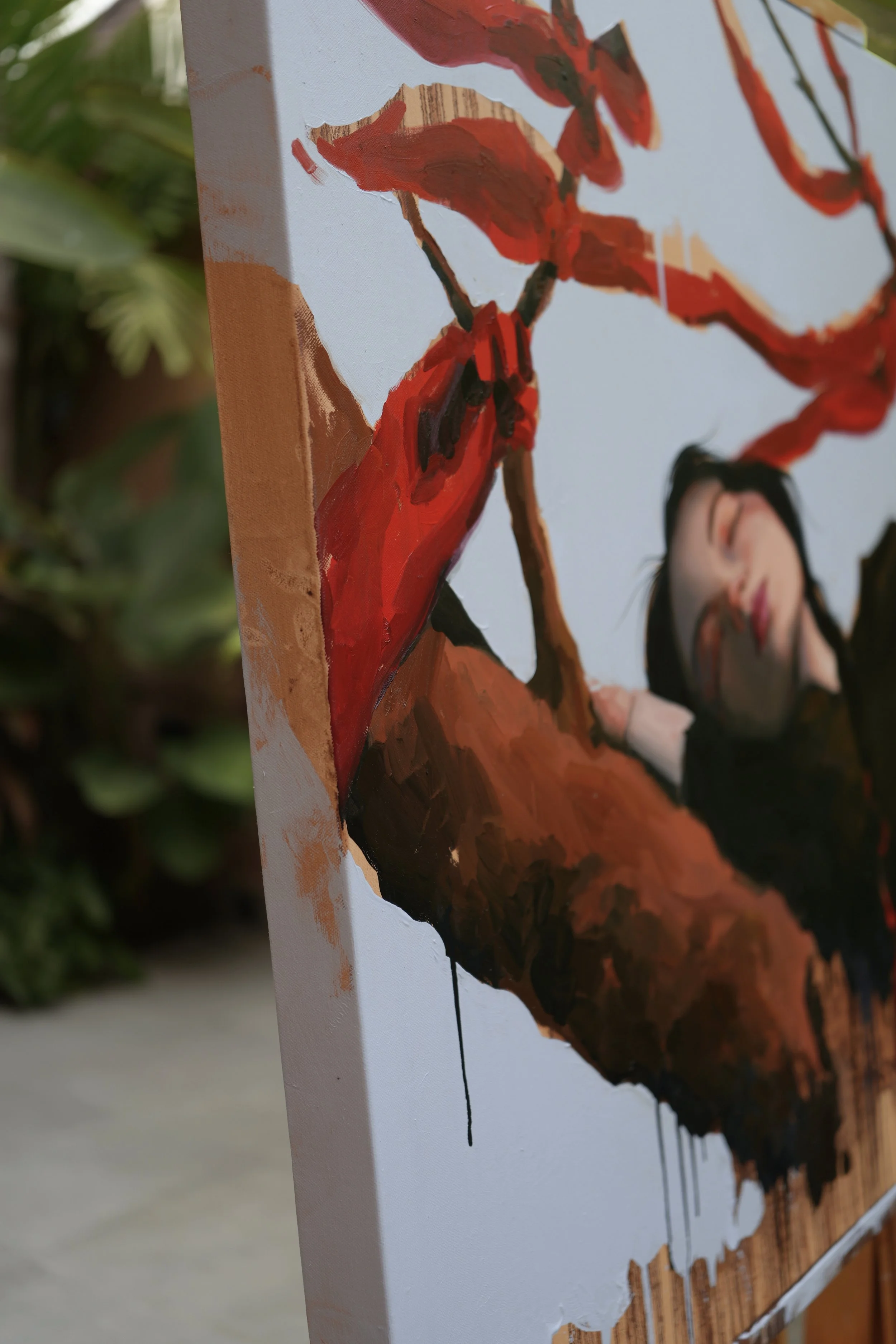 Detail of red ribbons, tree bark and loose oil drips, from Shinmok by Marina Ogai