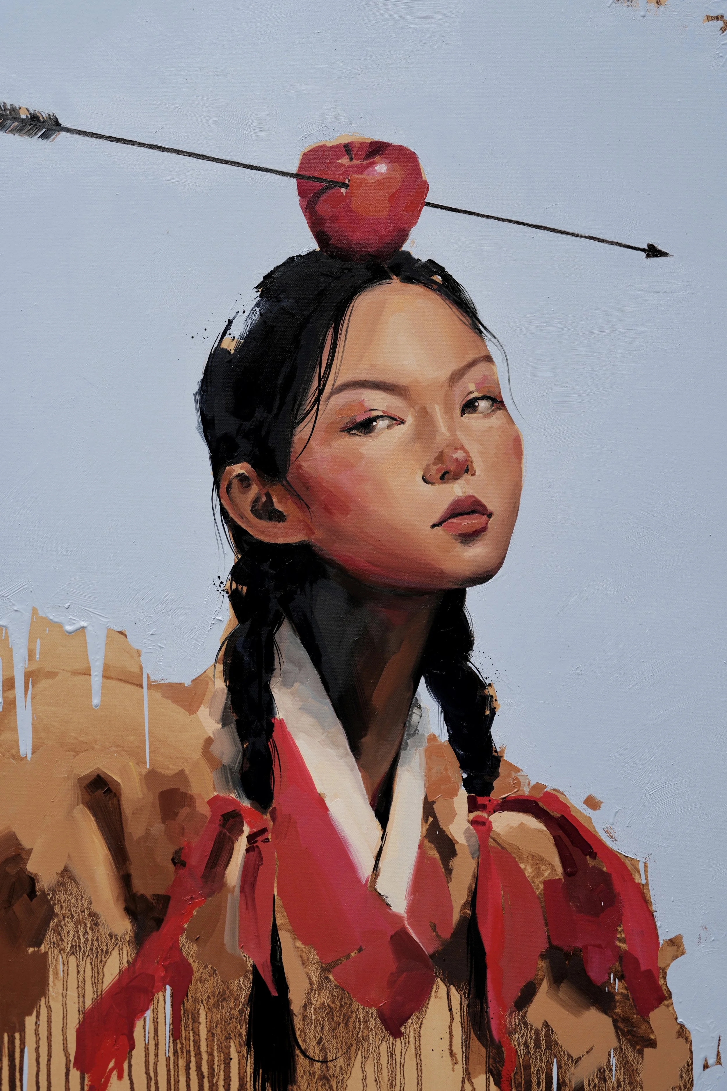 Calm face of a girl in hanbok beneath an apple pierced by an arrow – detail of The Aftermath by Marina Ogai