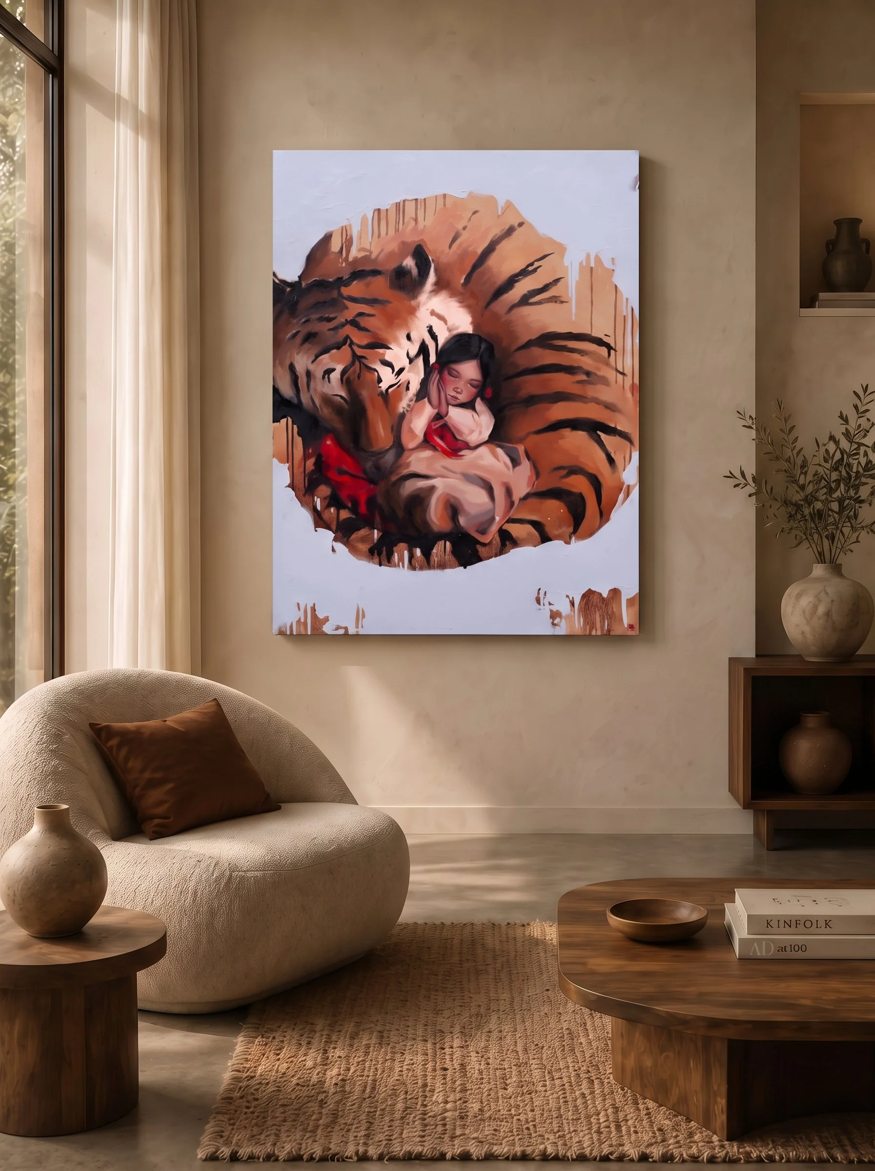 Sanctuary by Marina Ogai shown in a warm living room above a cream bouclé armchair, a girl in hanbok asleep in the curl of a giant tiger