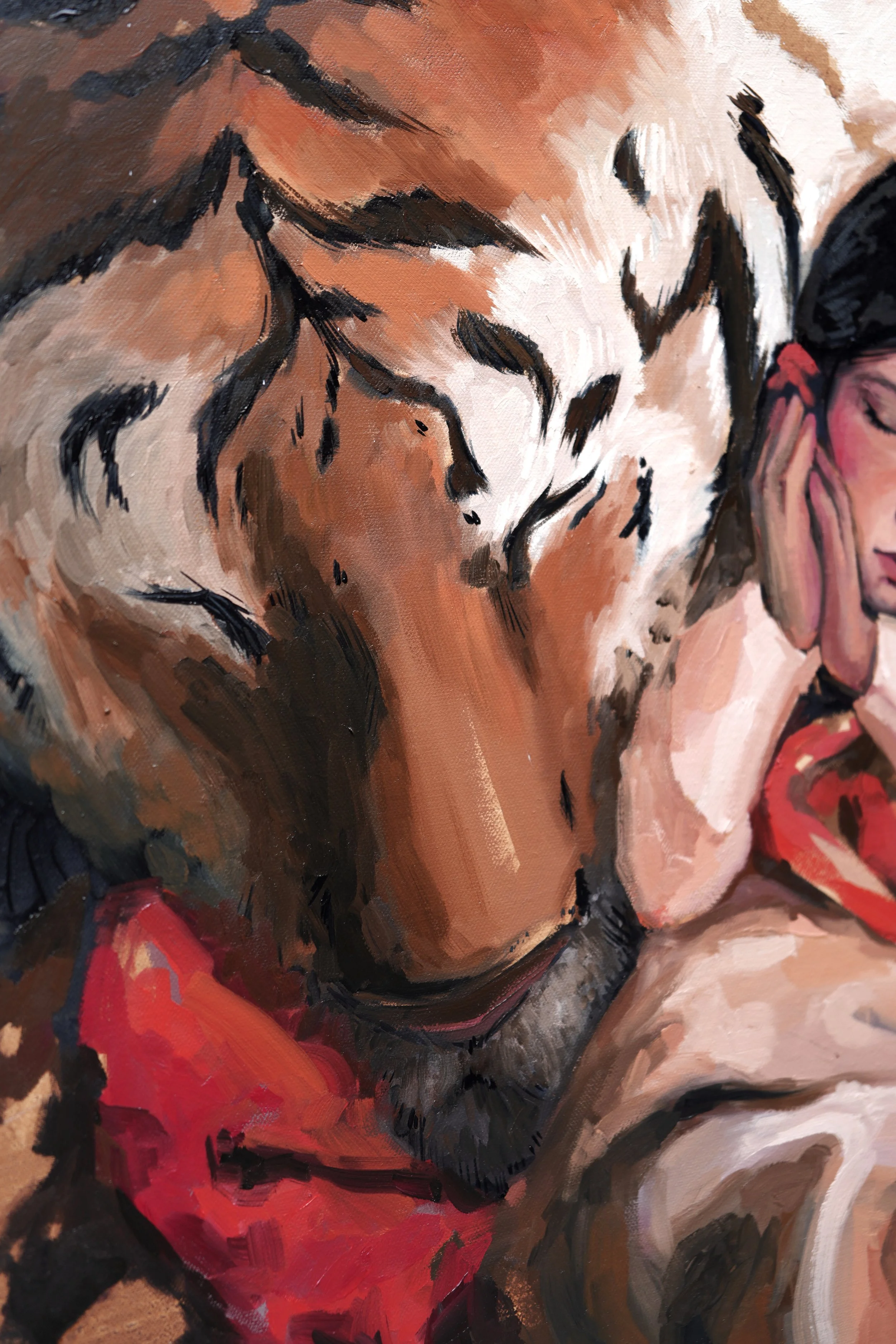Detail of tiger stripes and loose oil drips on white ground, from Sanctuary by Marina Ogai