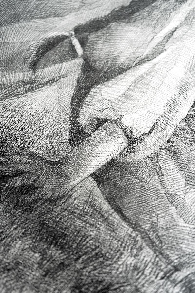 A young woman kneeling with her head tilted back and eyes closed, drapery falling from her shoulders, dense pencil hatching, from The In-Between by Marina Ogai