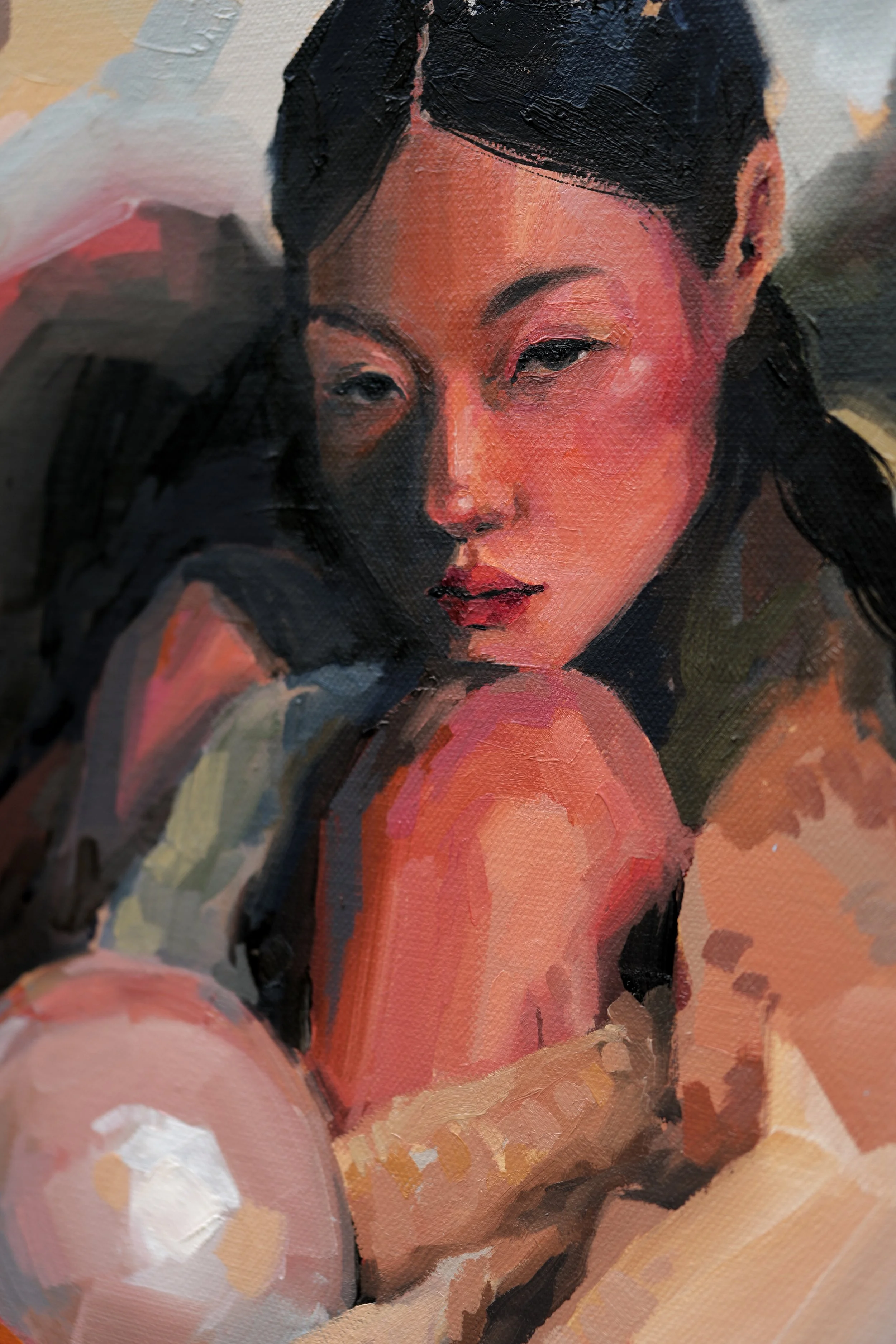 Formation, detail – close-up of her face, flushed cheek and steady gaze, oil on linen
