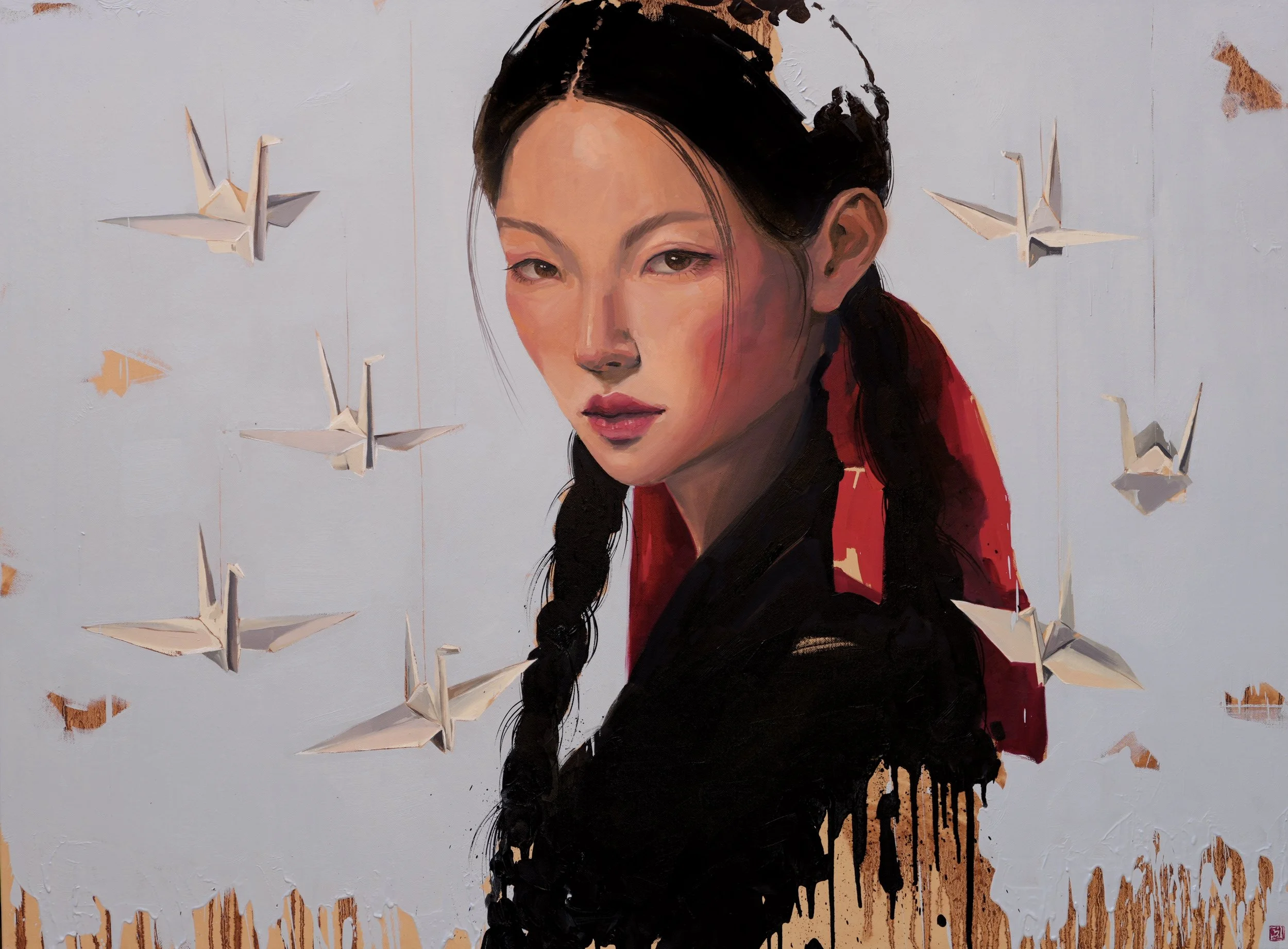 Young woman in a dark hanbok with long black braids and a red ribbon, glancing back among hanging paper cranes, oil on linen, Jeopgi by Marina Ogai