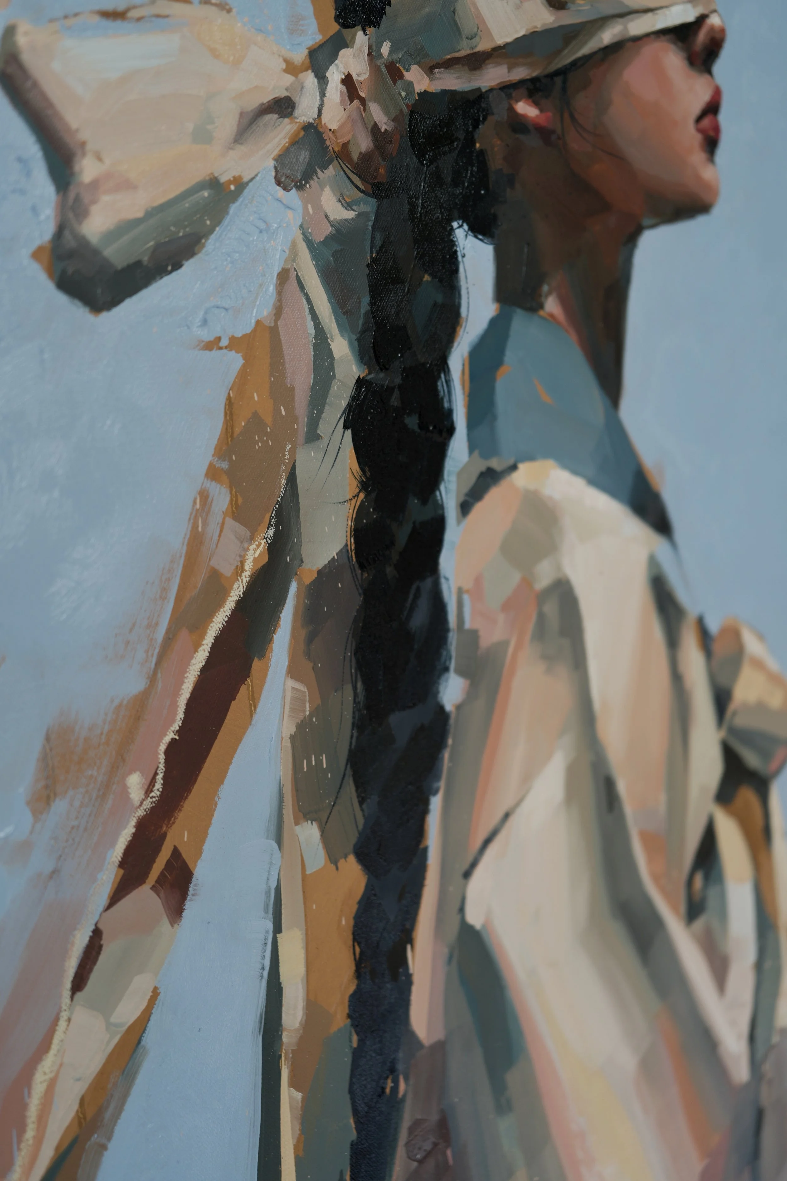 Detail of the long black braid crossing the pale robe, blue-grey ground behind, oil on linen, from Given by Marina Ogai