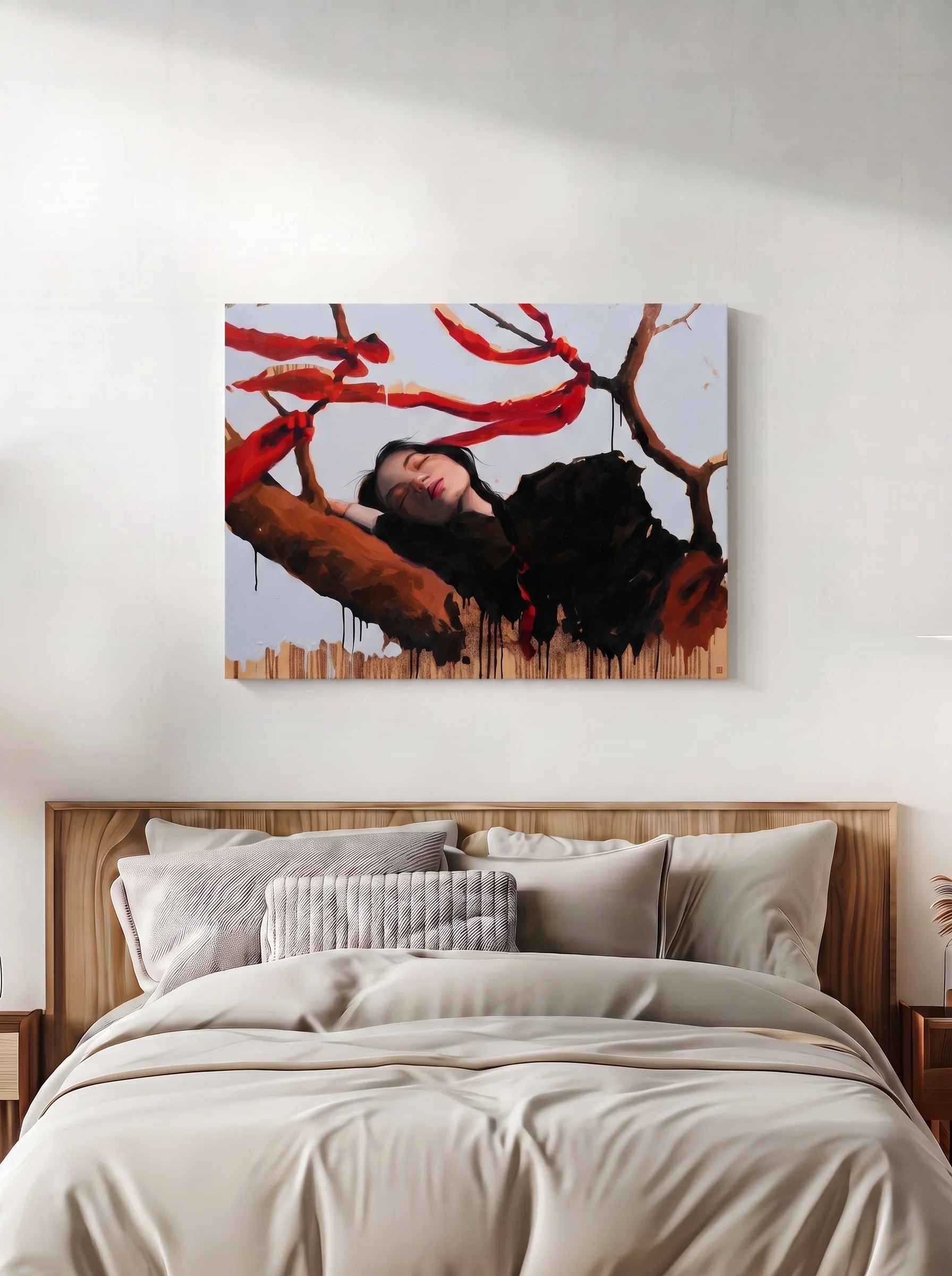 Room mockup: Shinmok by Marina Ogai hung above a bed