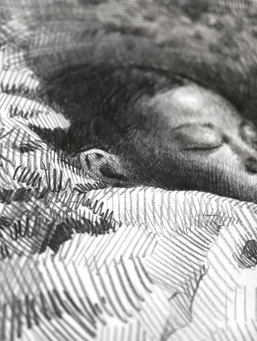 Sleeping child's face with closed eyes, framed in dense pencil hatching, from The In-Between by Marina Ogai