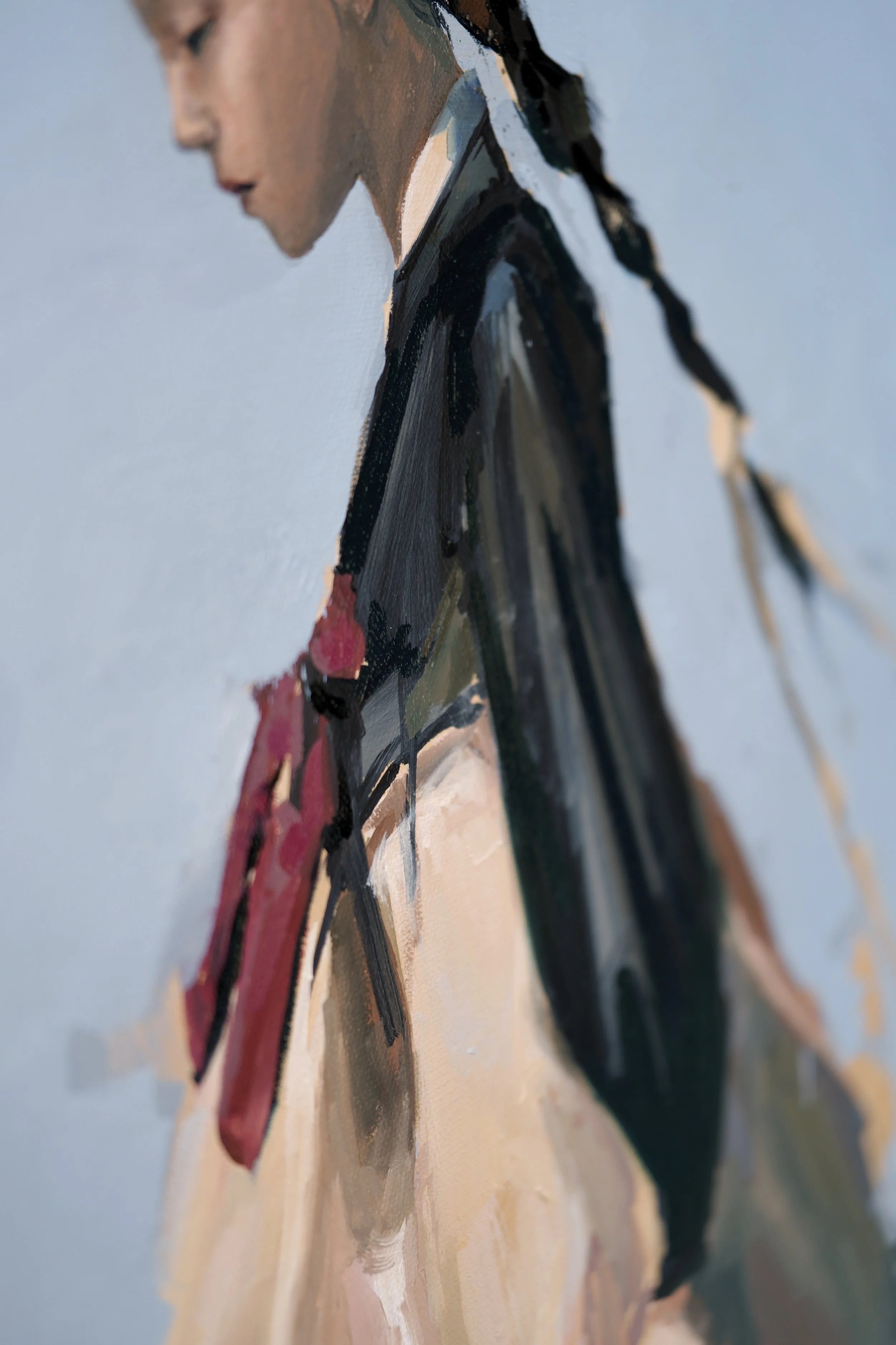 7. Detail of a black jeogori, red ribbon and full cream skirt in thick oil paint, from Given by Marina Ogai