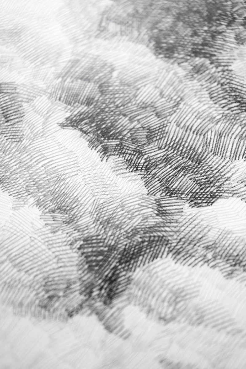 A young girl with braids and closed eyes below a wide sky of clouds, dense pencil hatching, from The In-Between by Marina Ogai
